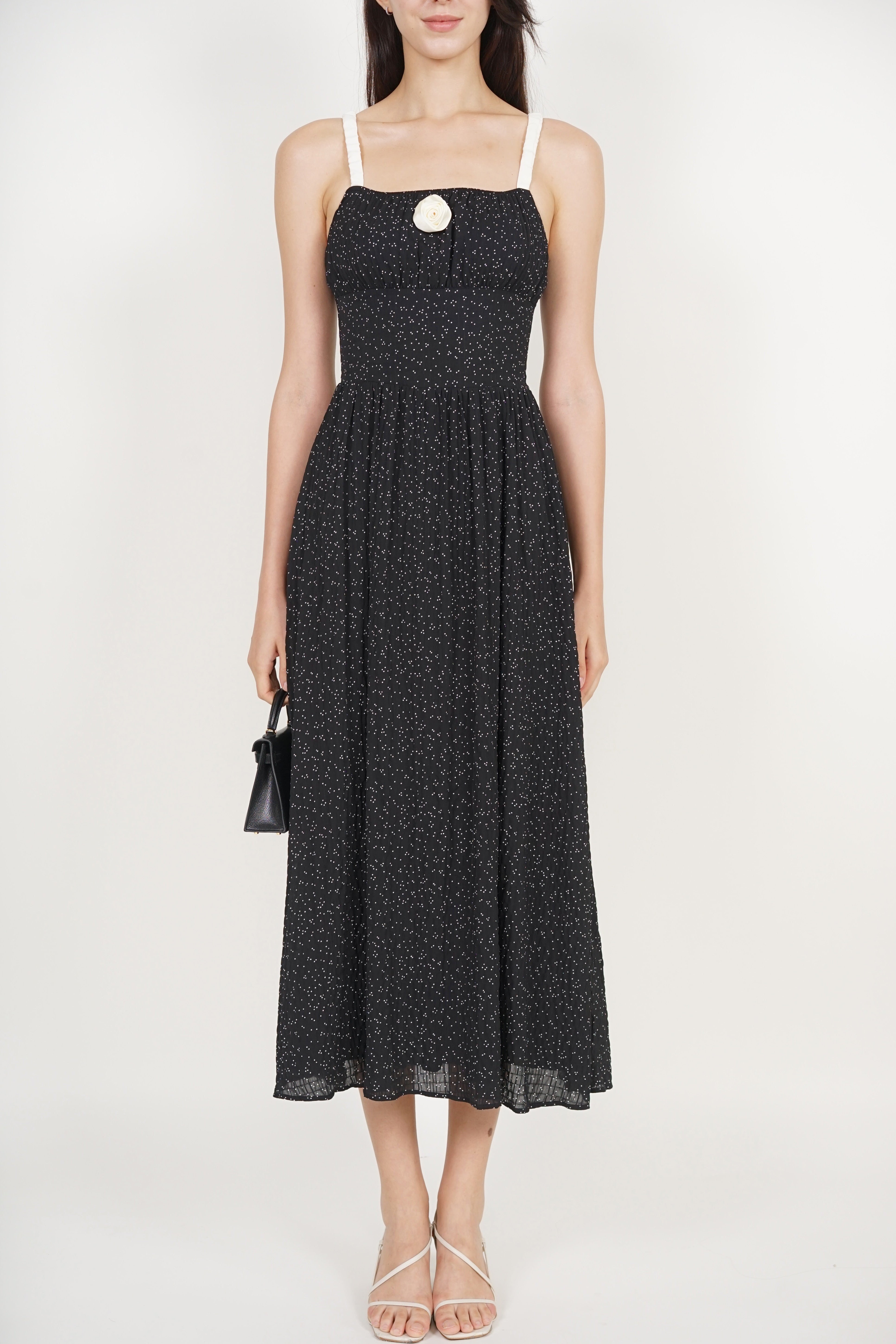 Gathered Waist Dress in Black Dots