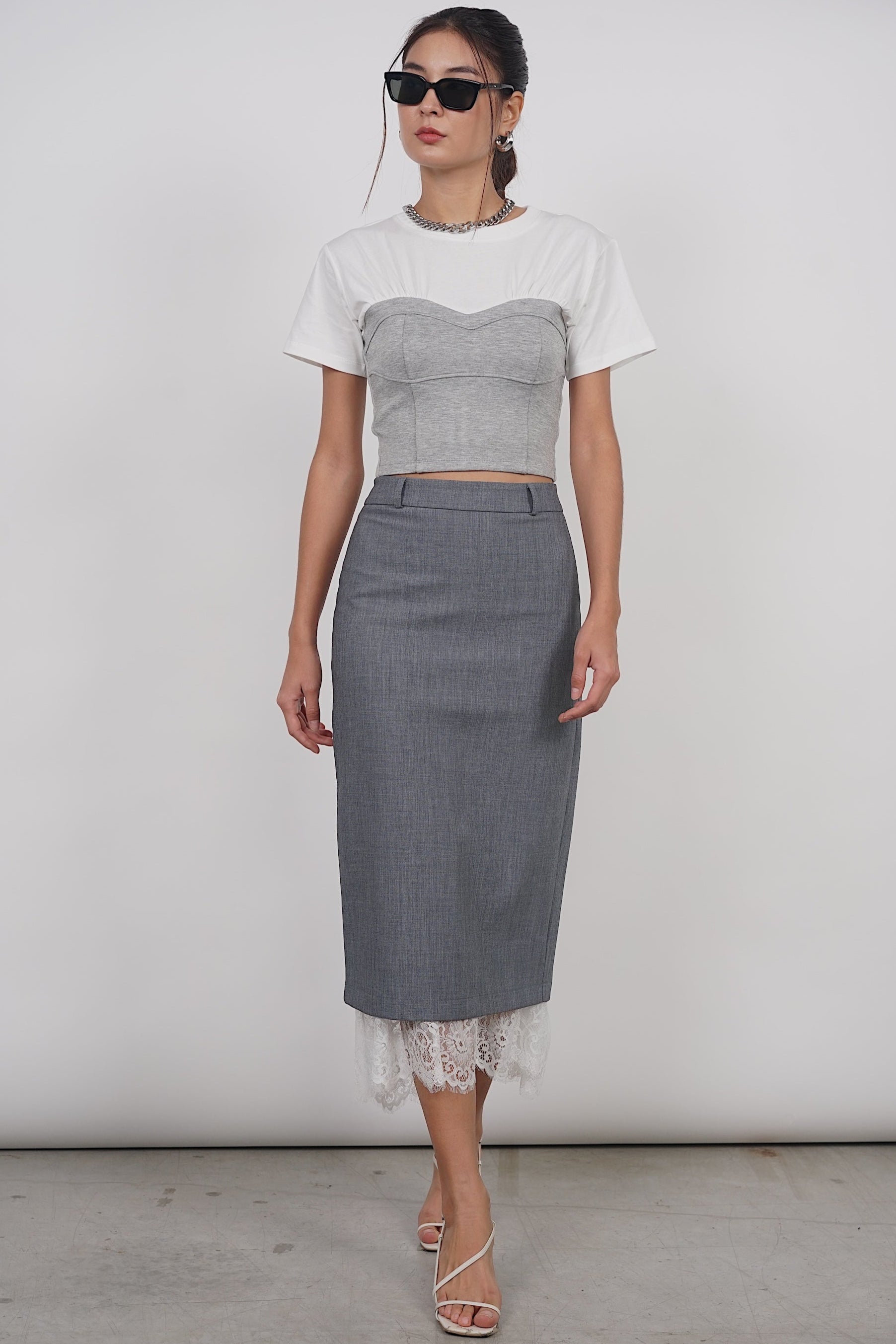 Short Sleeve Bustier Top in White Grey