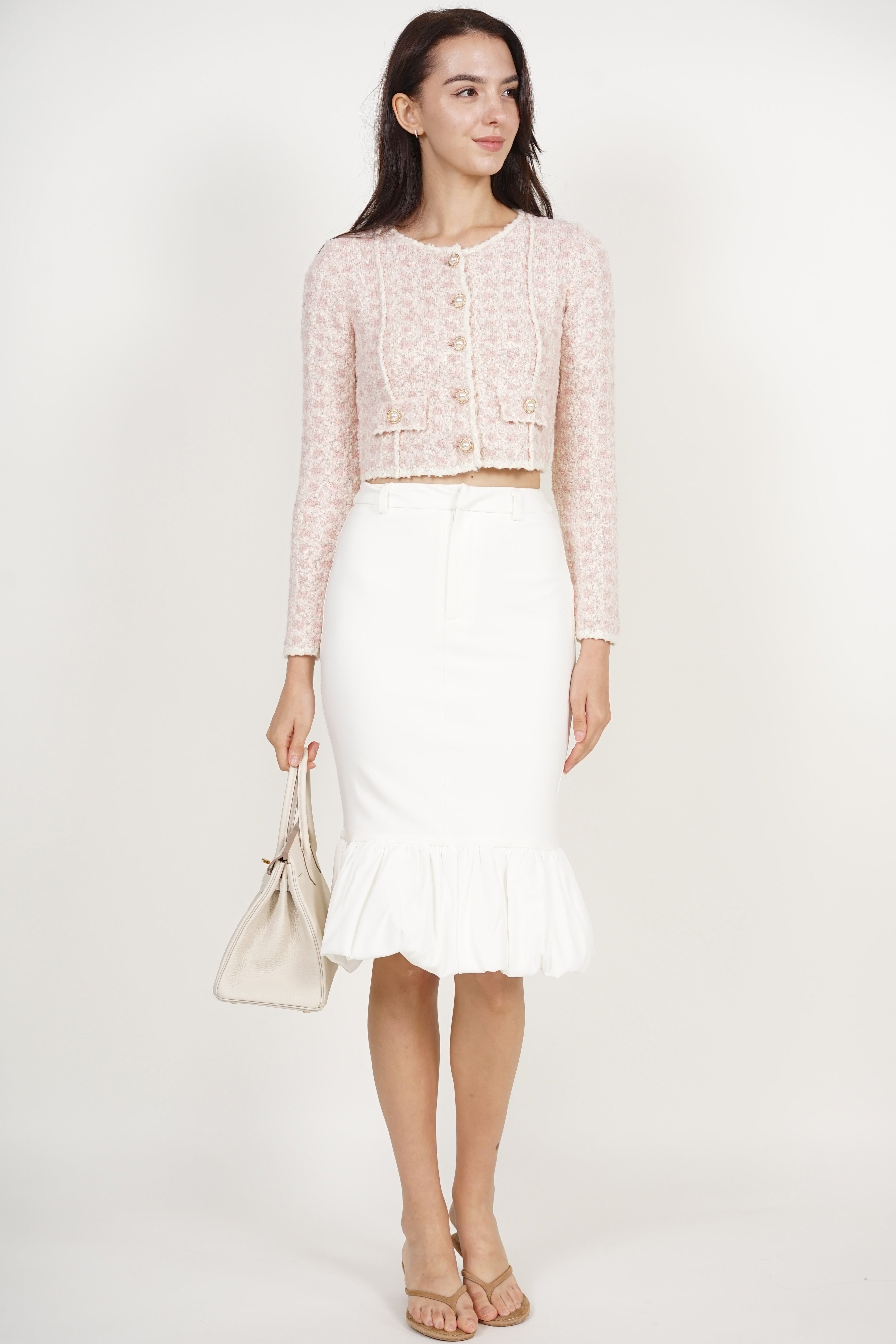Pearl Button Knit Jacket in Pink White