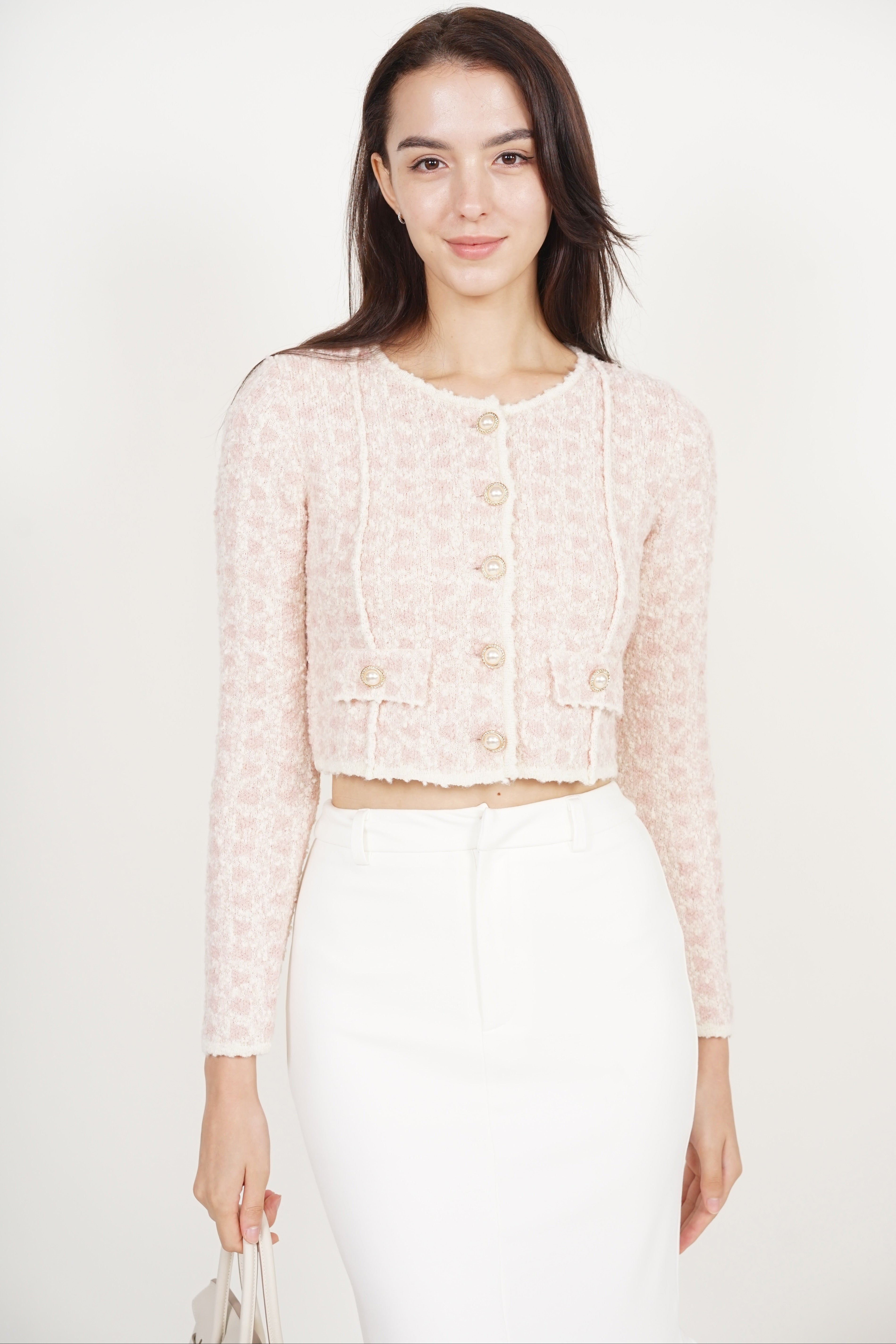 Pearl Button Knit Jacket in Pink White