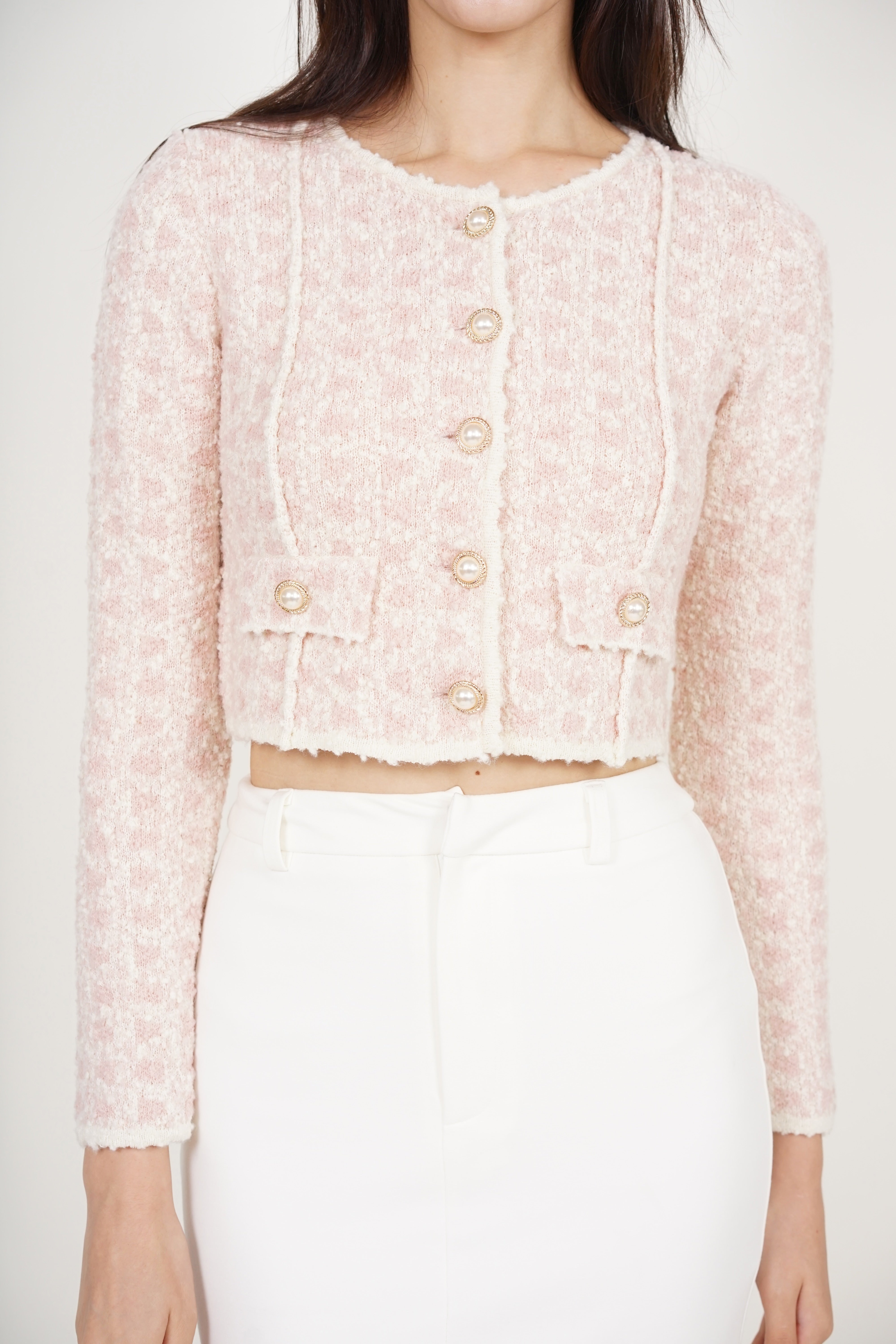 Pearl Button Knit Jacket in Pink White