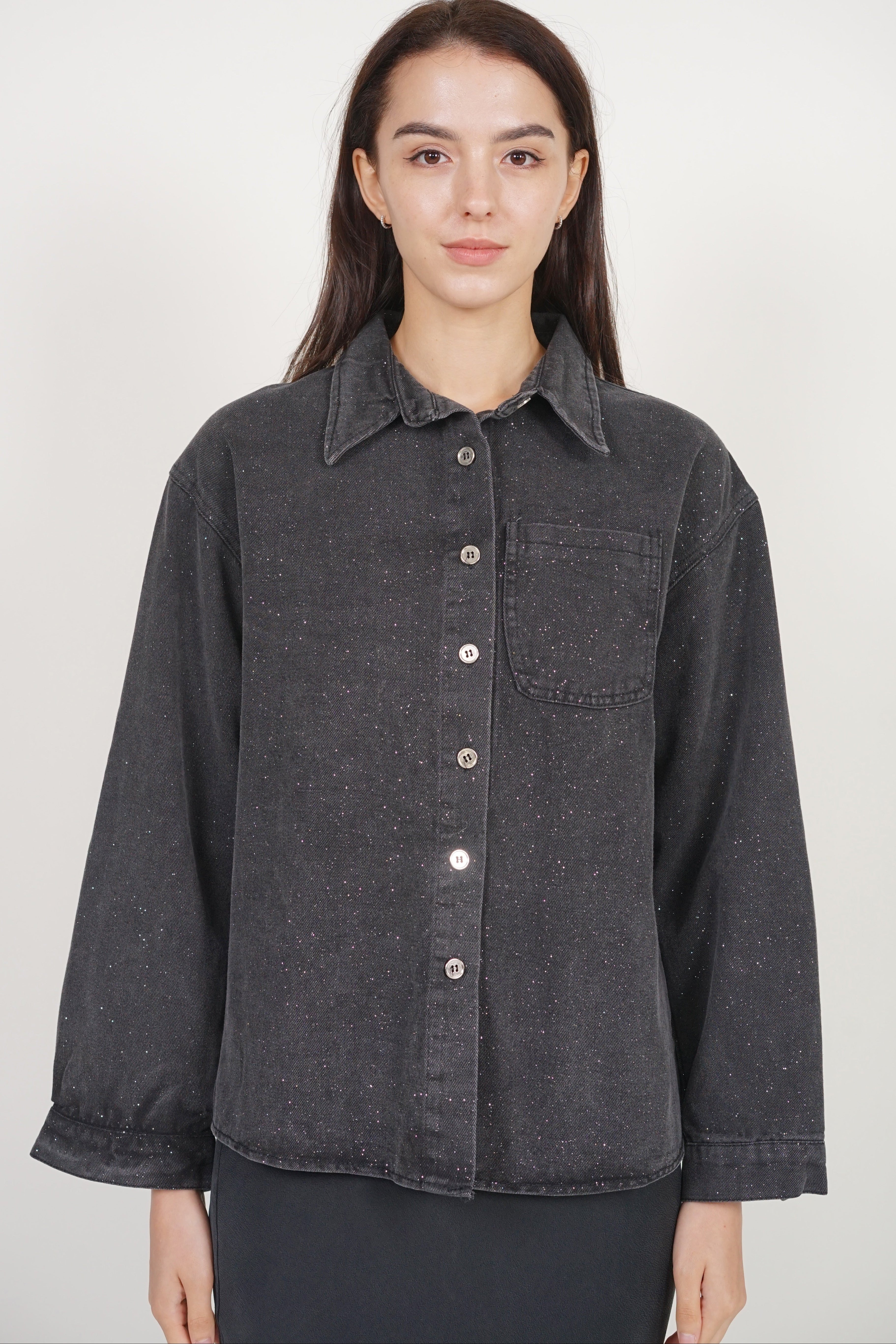 Denim Buttoned Shirt Jacket in Black