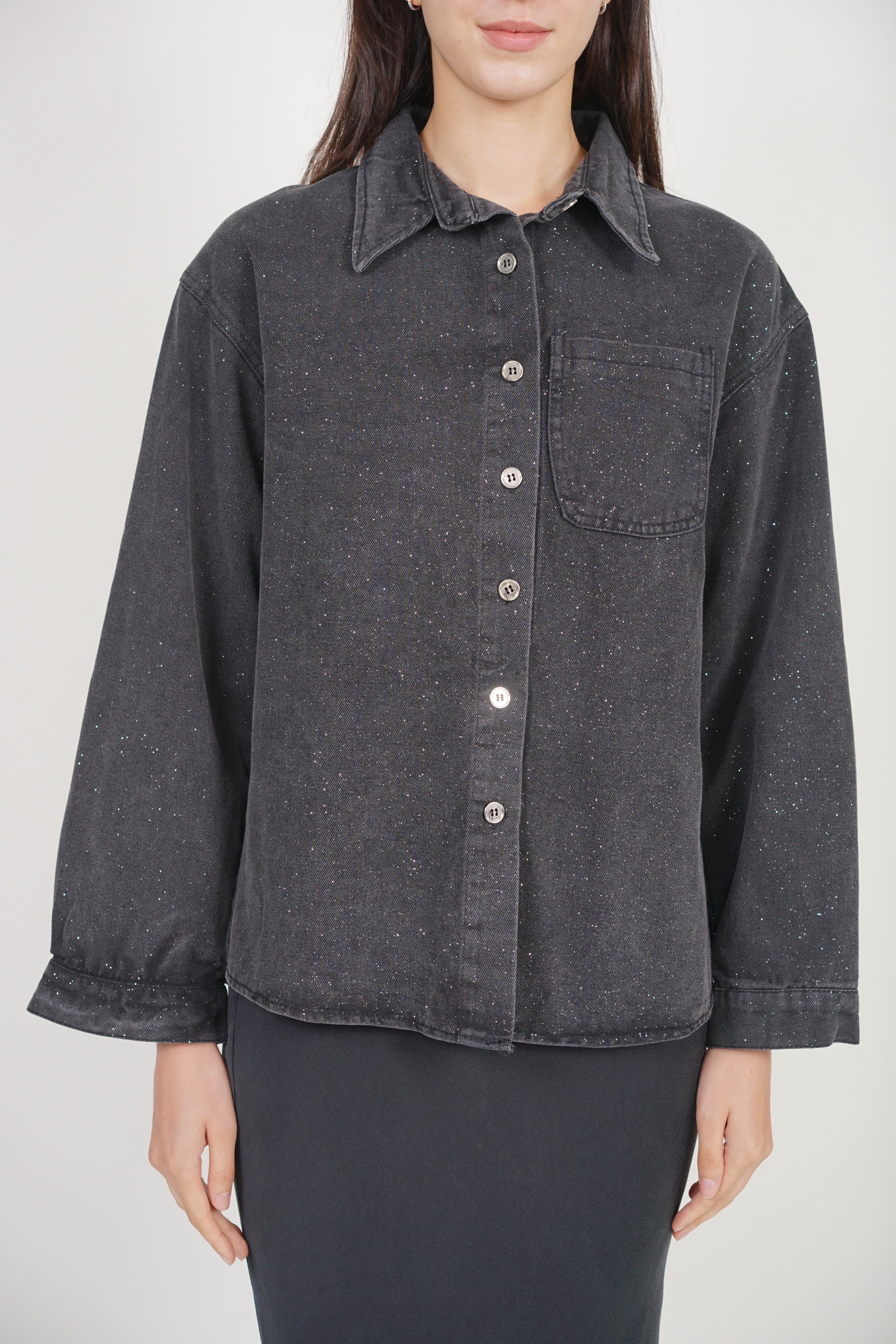 Denim Buttoned Shirt Jacket in Black