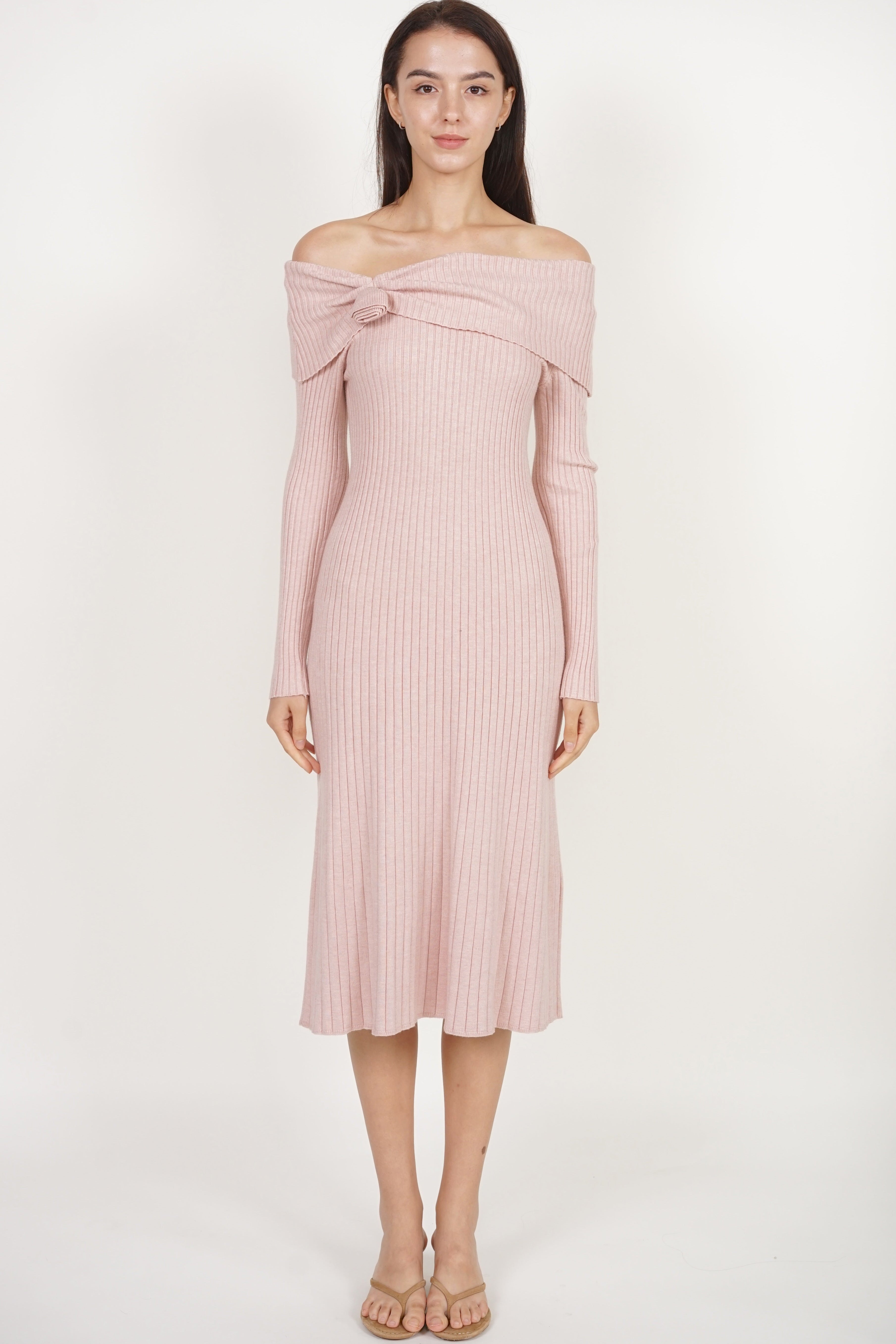 Off-shoulder Long Sleeve Knit Dress in Nude Pink