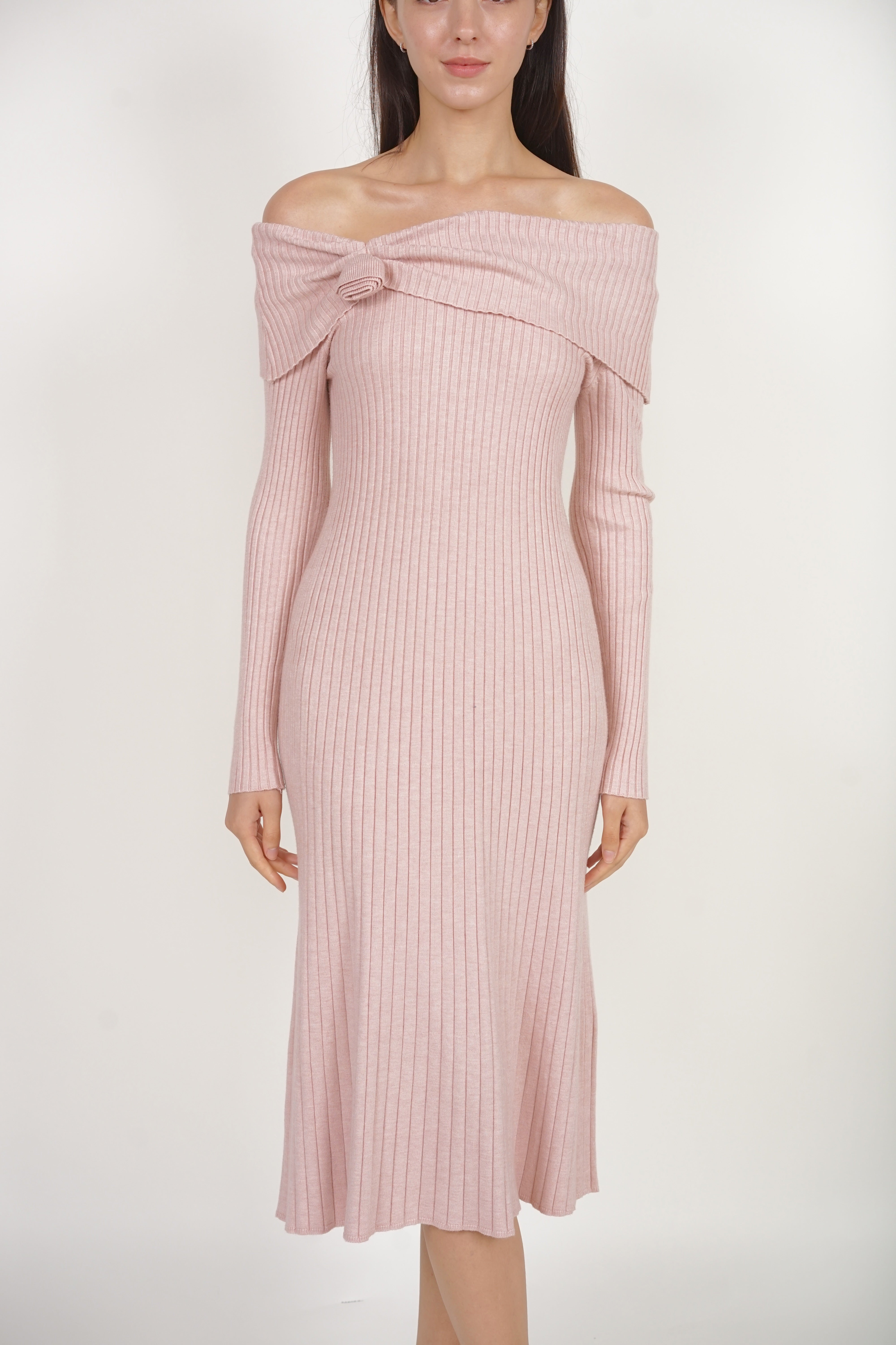 Off-shoulder Long Sleeve Knit Dress in Nude Pink