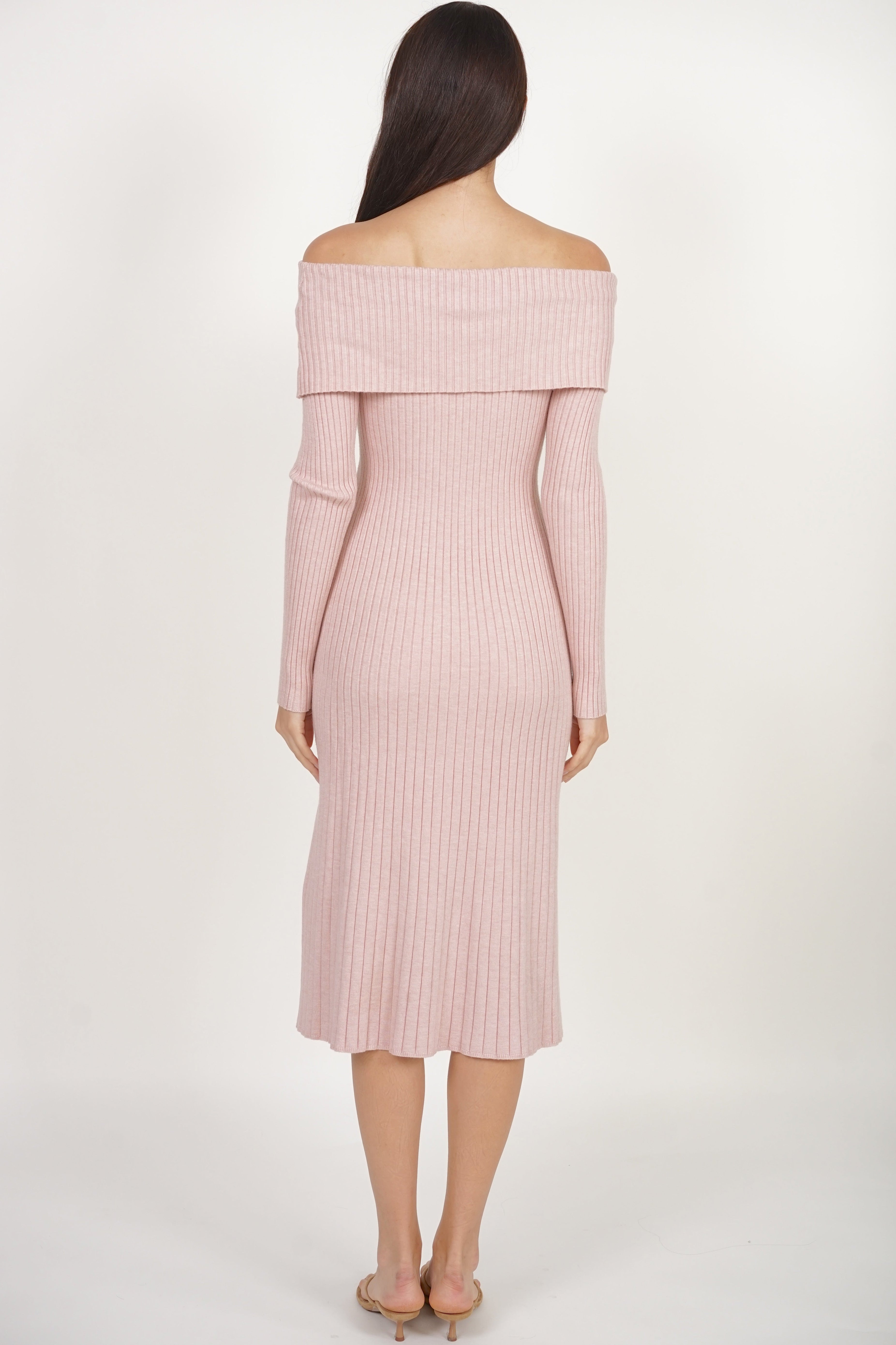 Off-shoulder Long Sleeve Knit Dress in Nude Pink