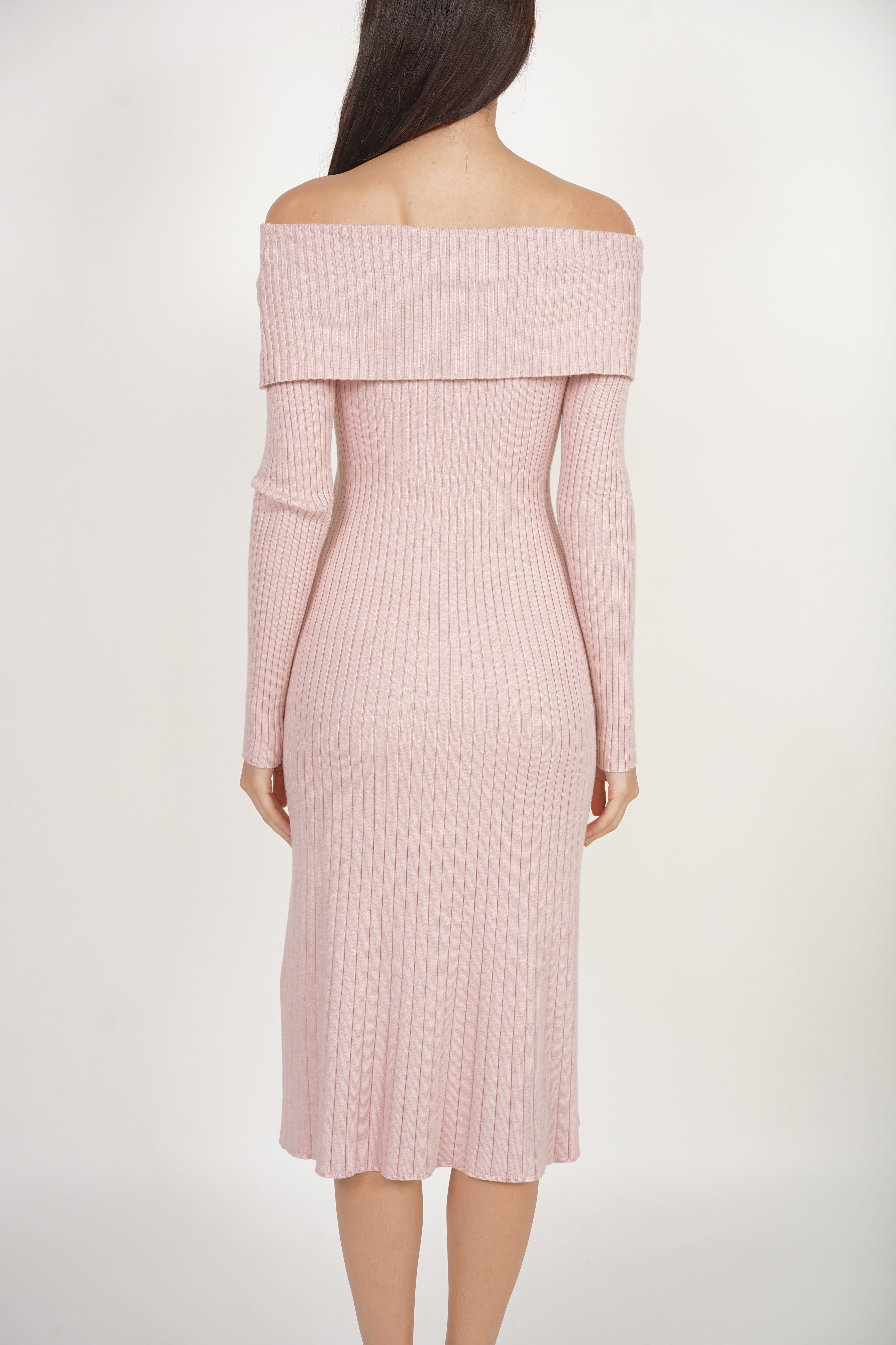 Off-shoulder Long Sleeve Knit Dress in Nude Pink
