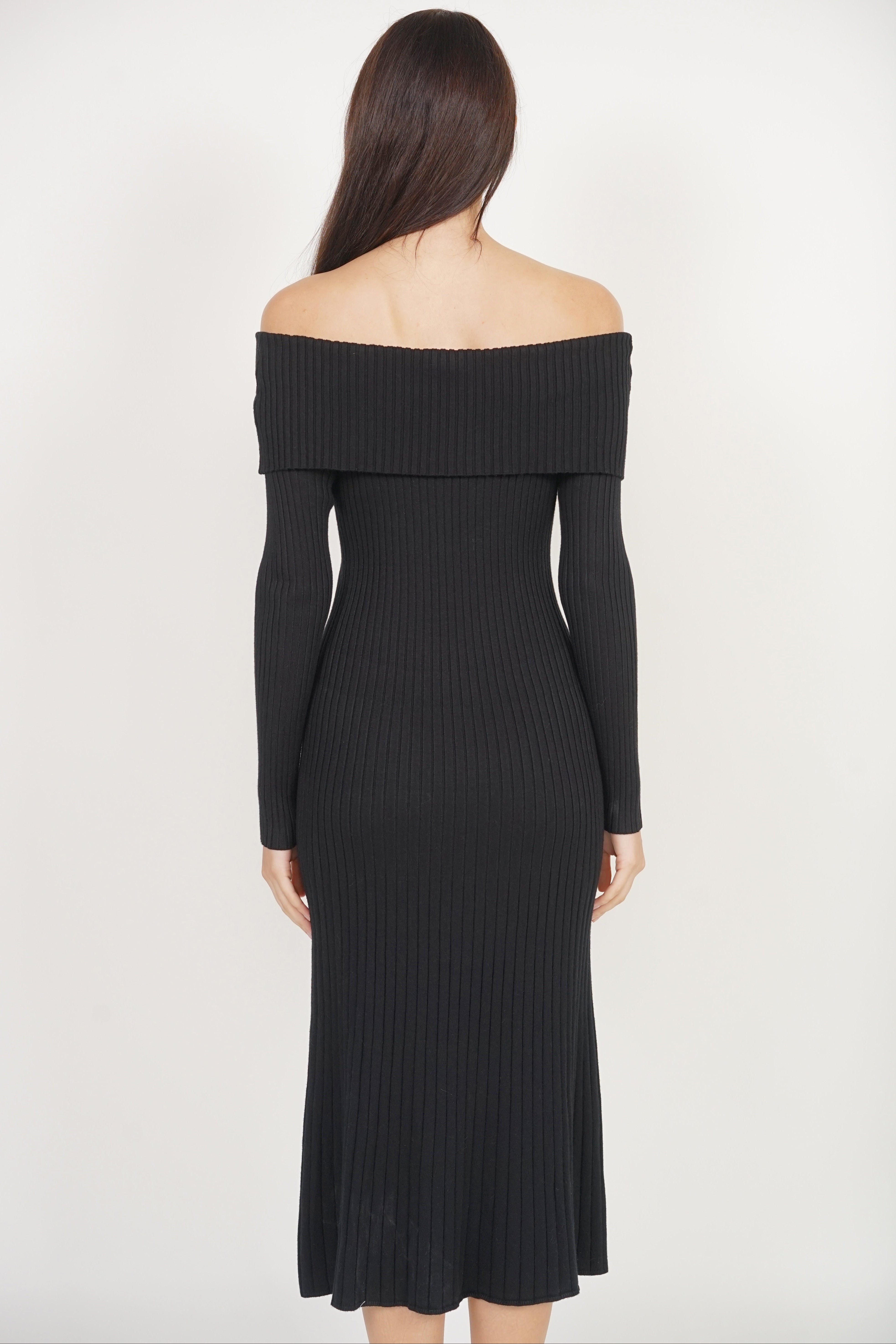 Off-shoulder Long Sleeve Knit Dress in Black