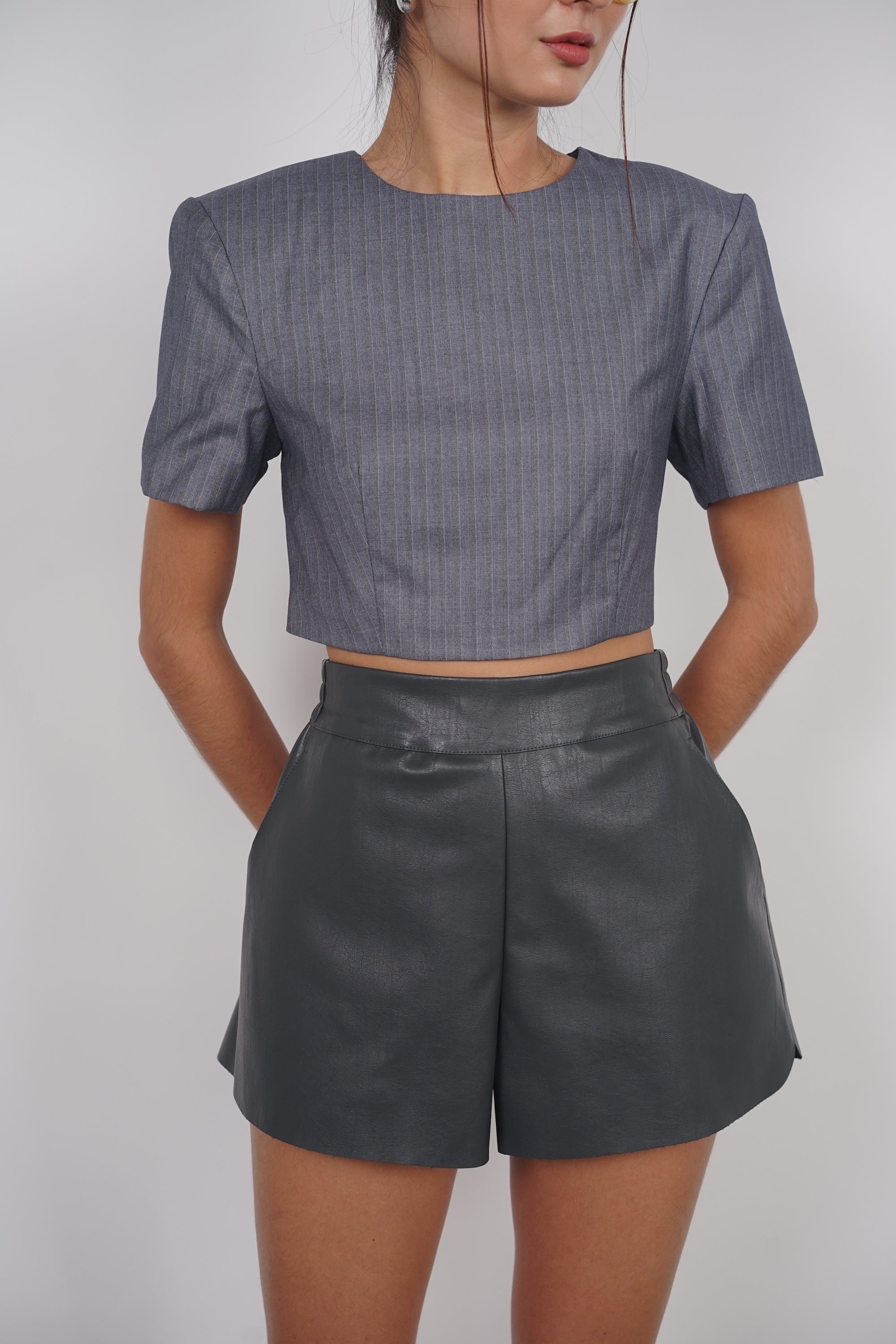 Cropped Padded Top in Grey Stripes