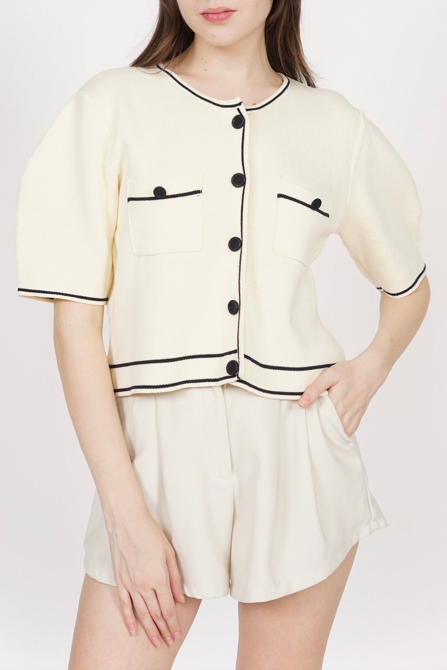 Button Contrast Knit Top in Ivory