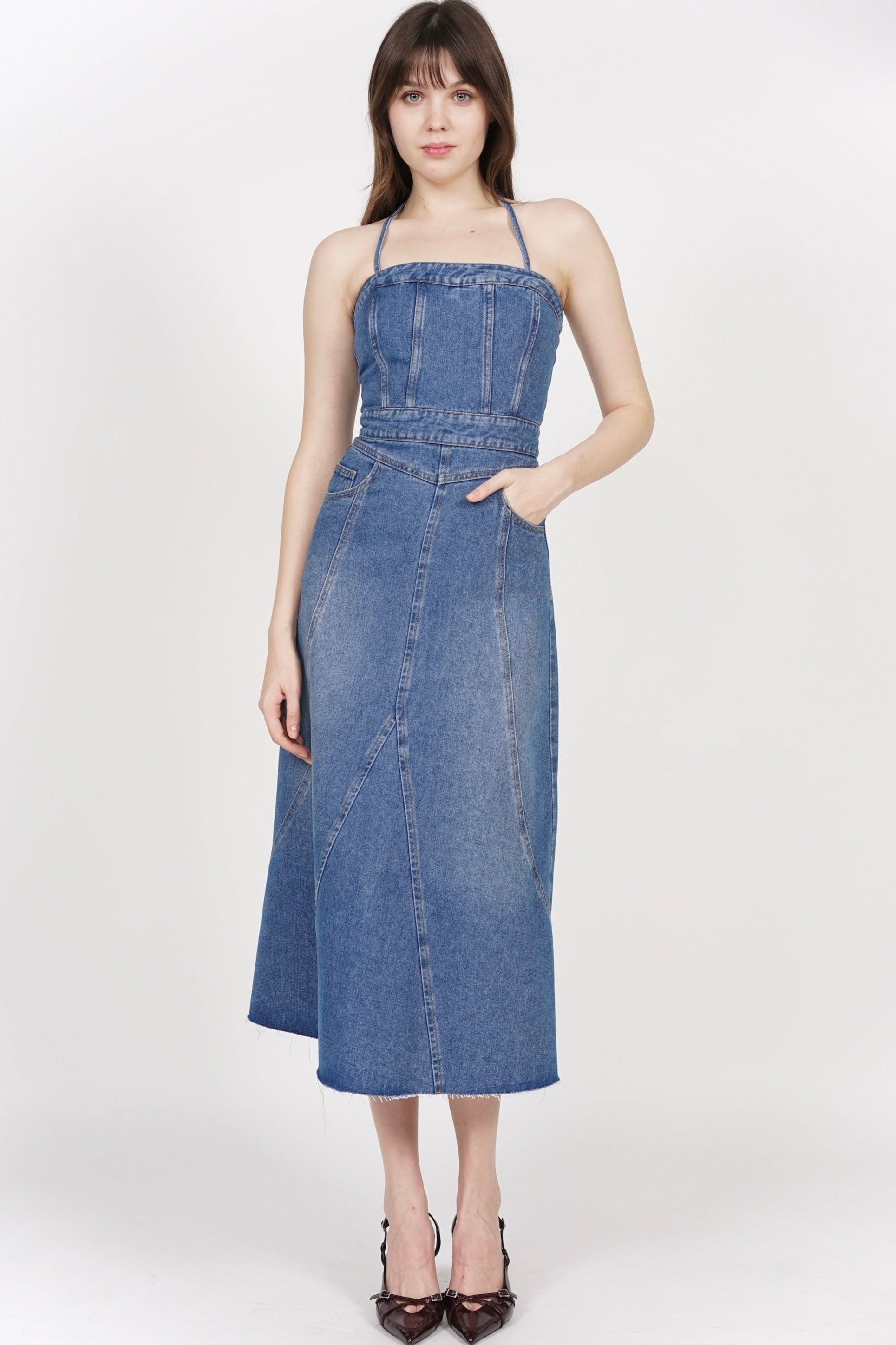 2-Way Panel Midi Denim Dress in Blue