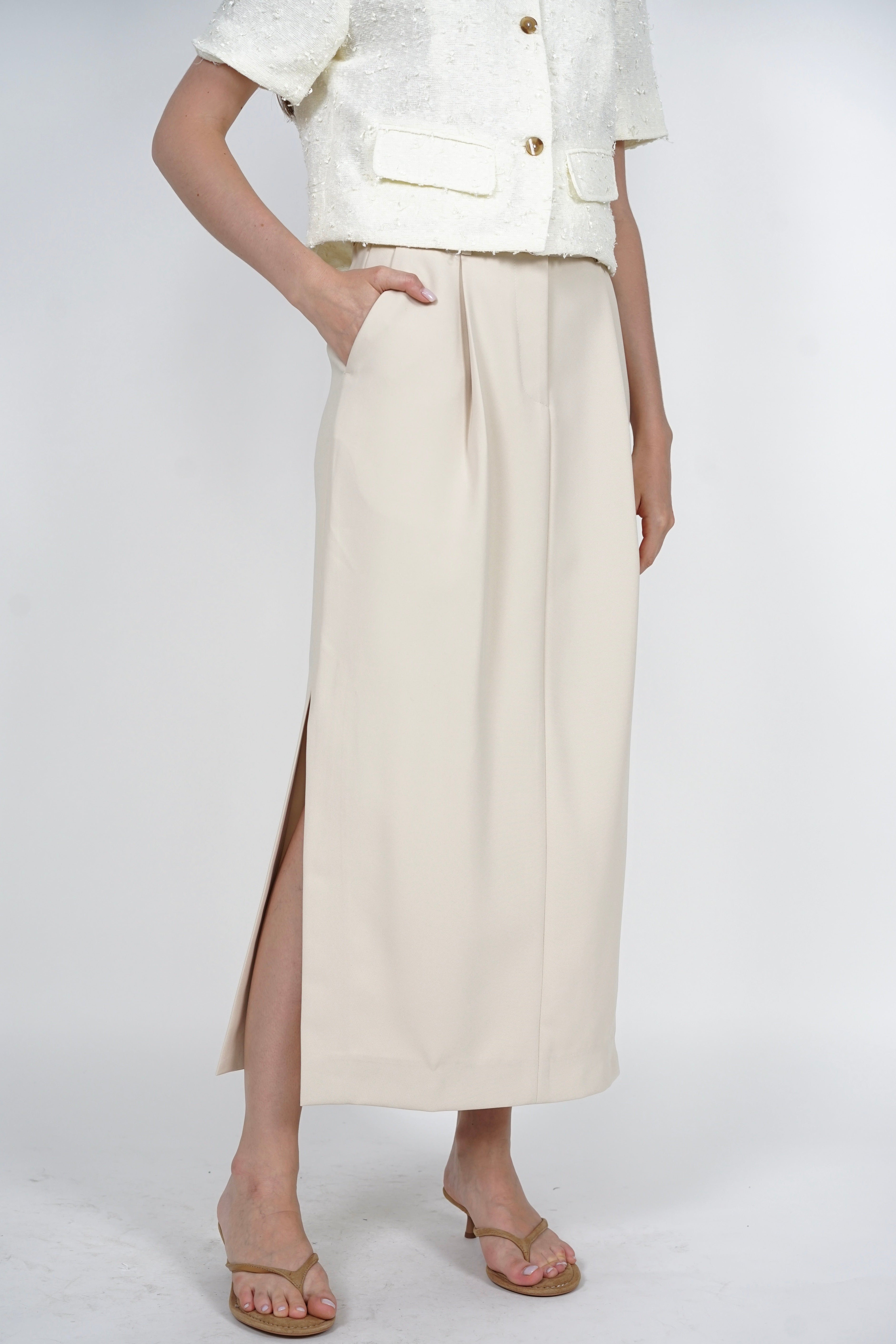 Side Slit Column Skirt in Beige
