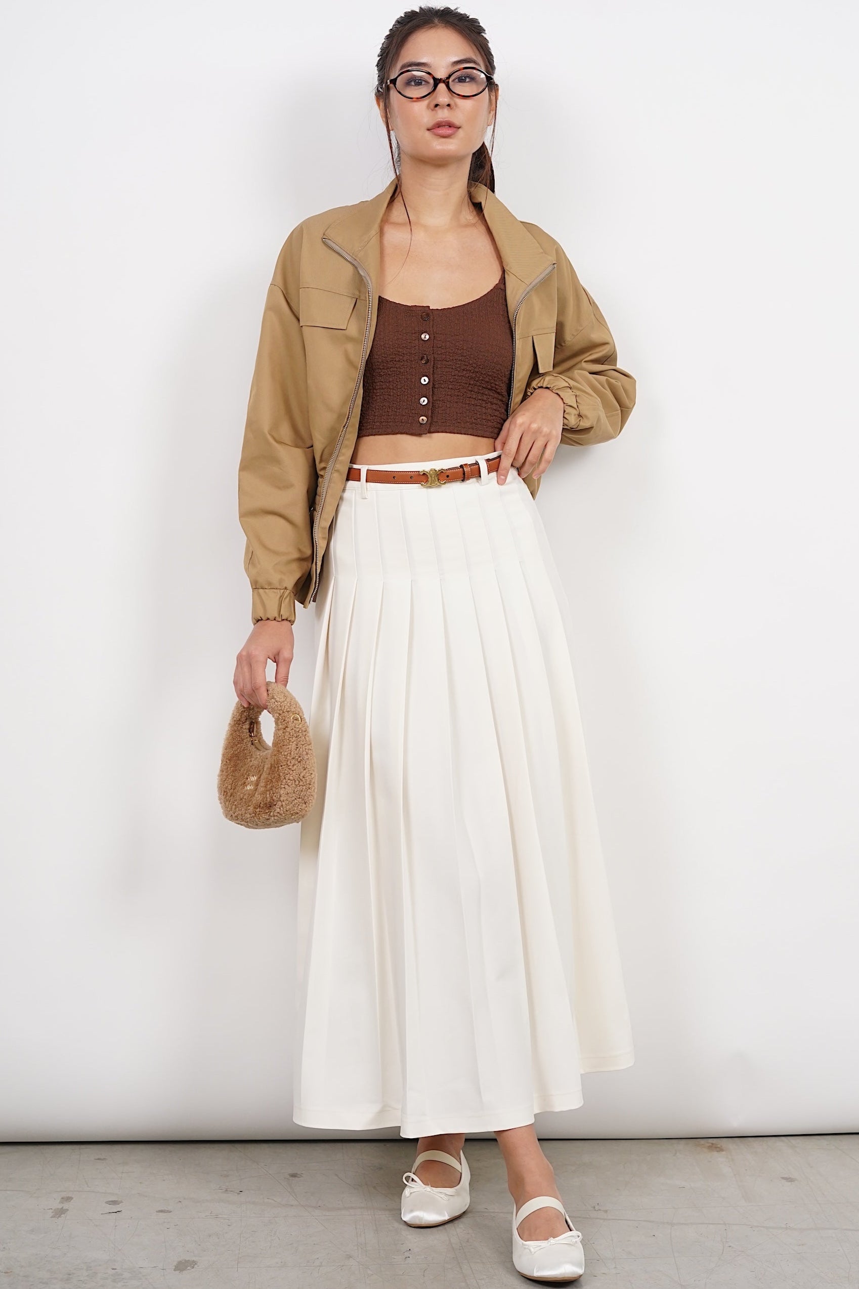 Textured Cami Button Crop Top in Mocha