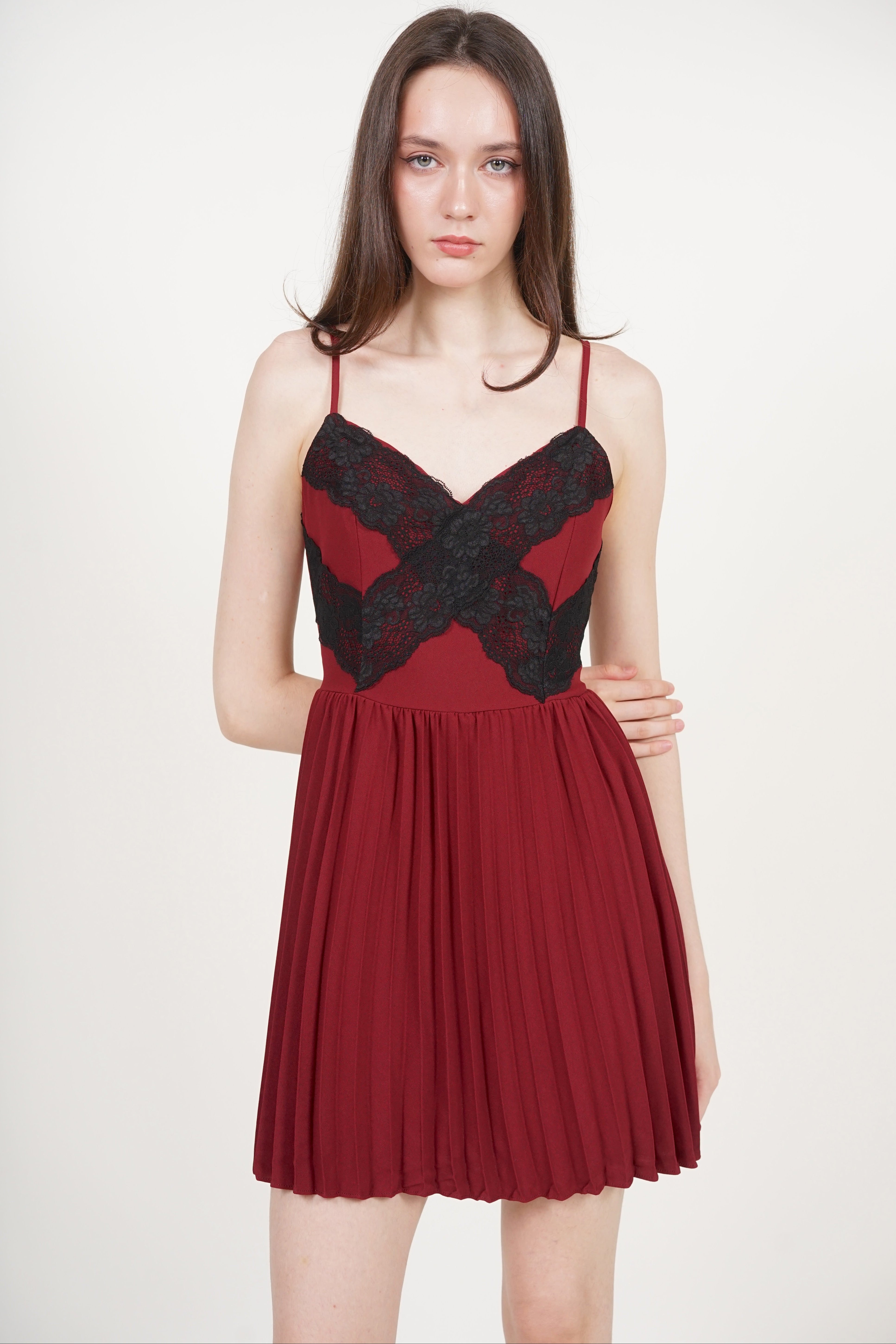 Cami Lace Pleated Romper in Burgundy