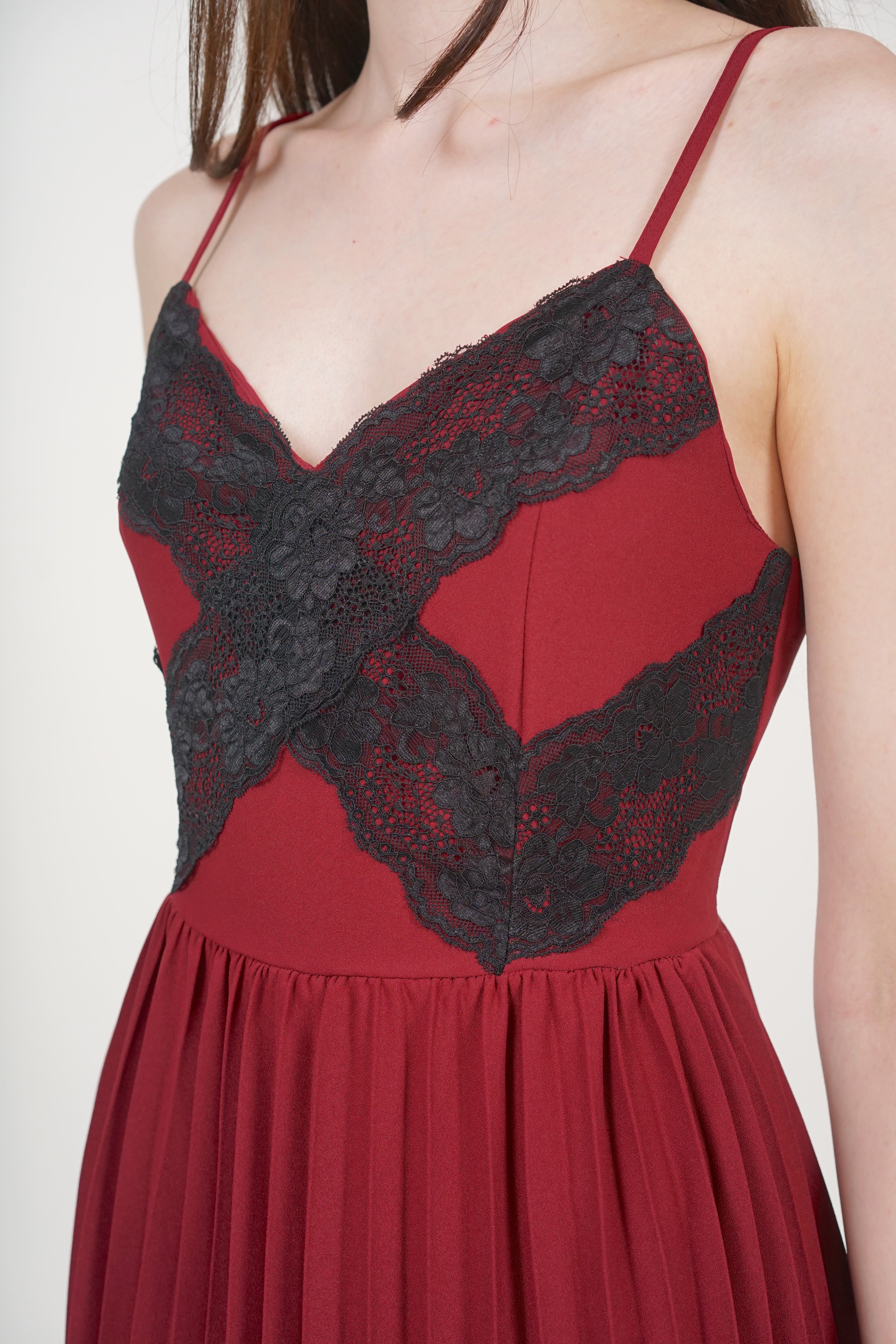 Cami Lace Pleated Romper in Burgundy
