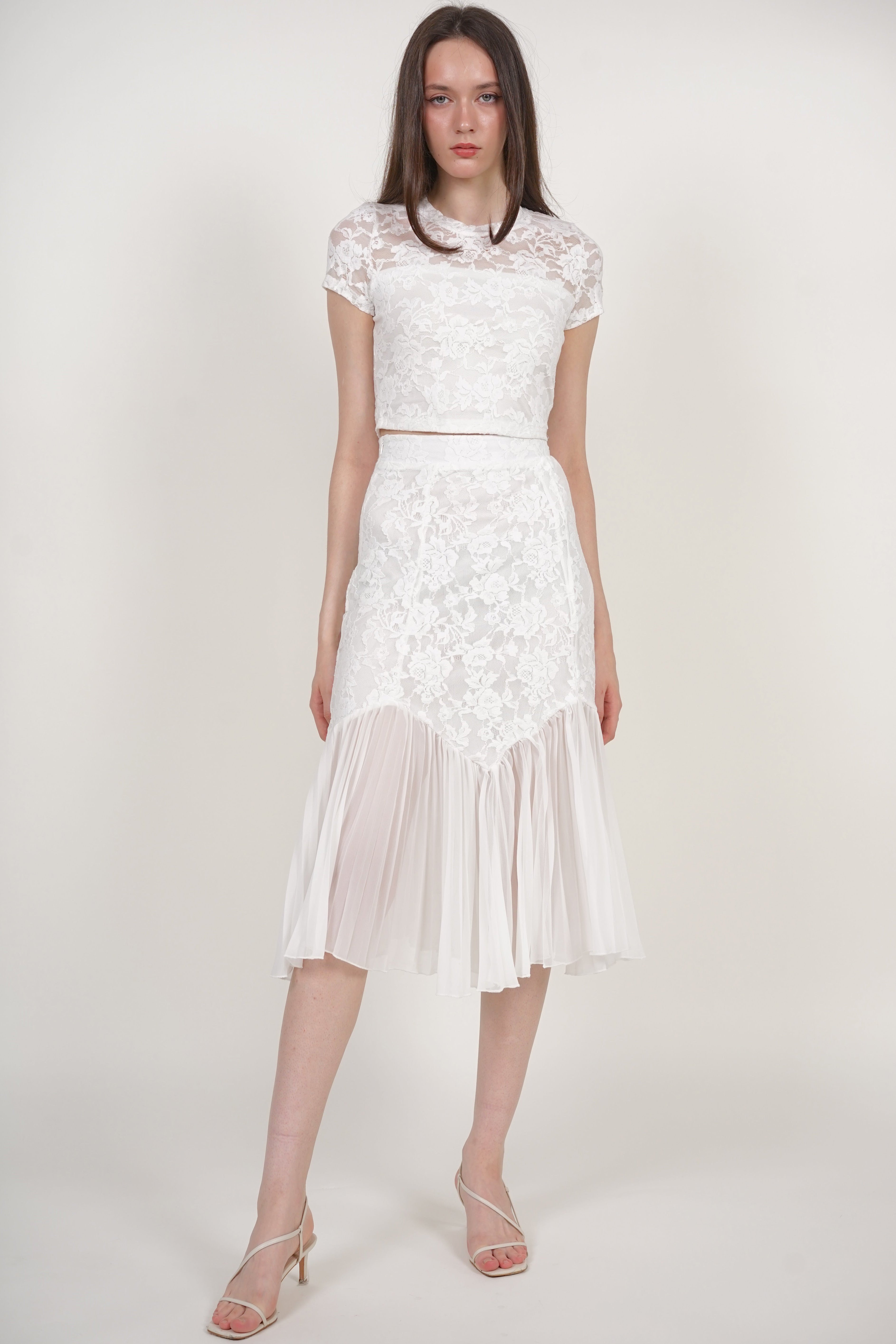 Flowy Pleated Skirt in White Lace