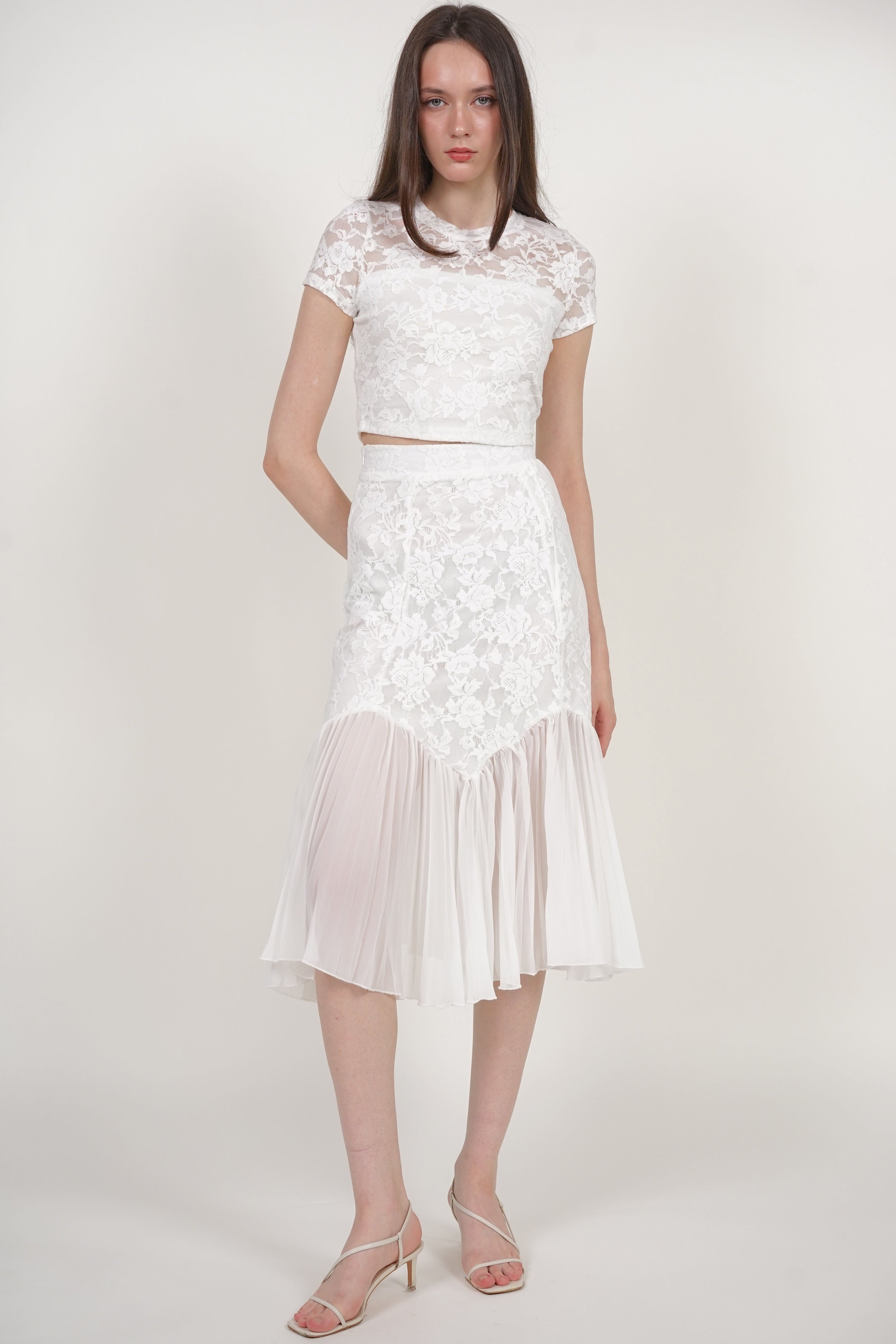 Flowy Pleated Skirt in White Lace