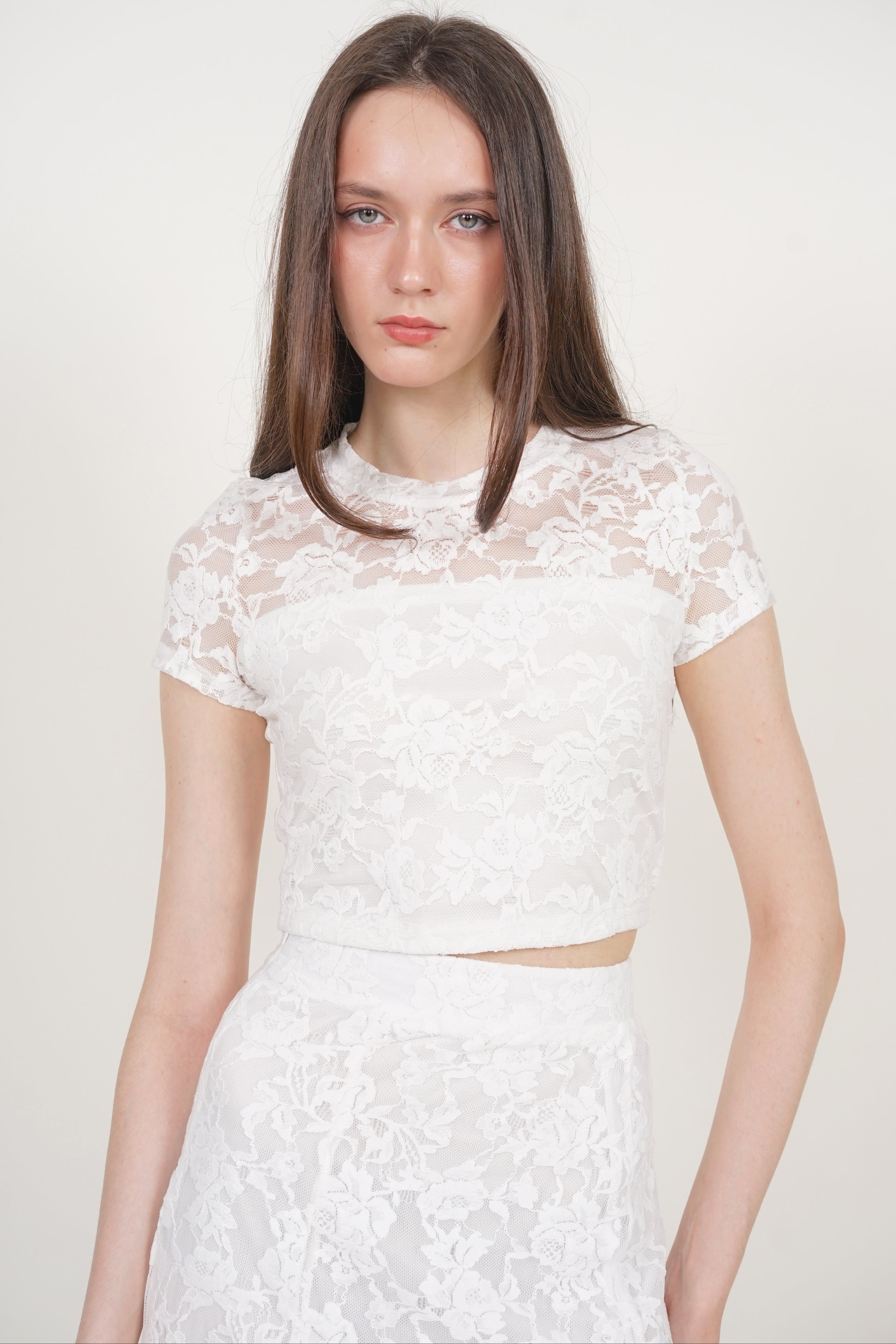 Crop Top Waist Tie in White Lace