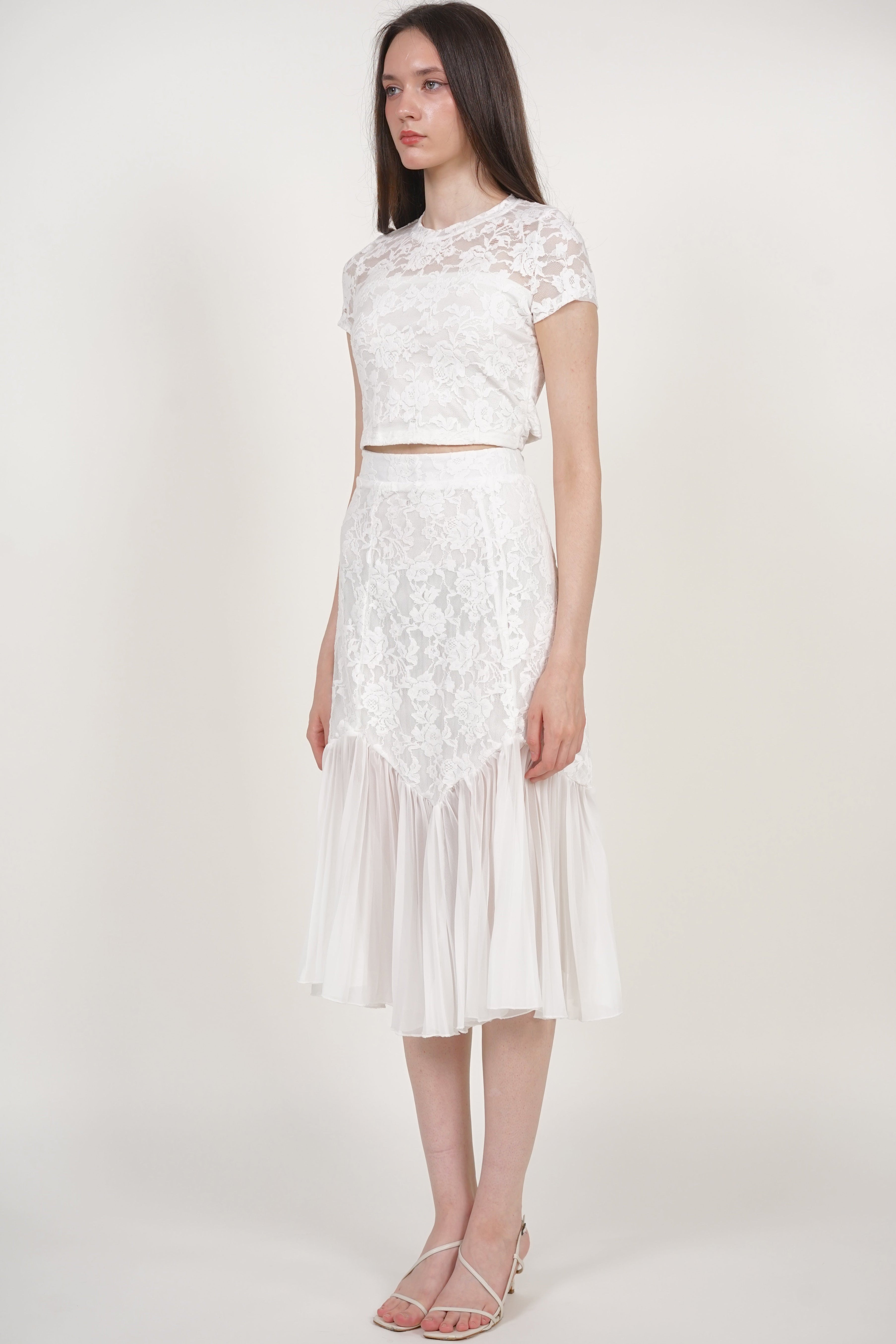 Flowy Pleated Skirt in White Lace