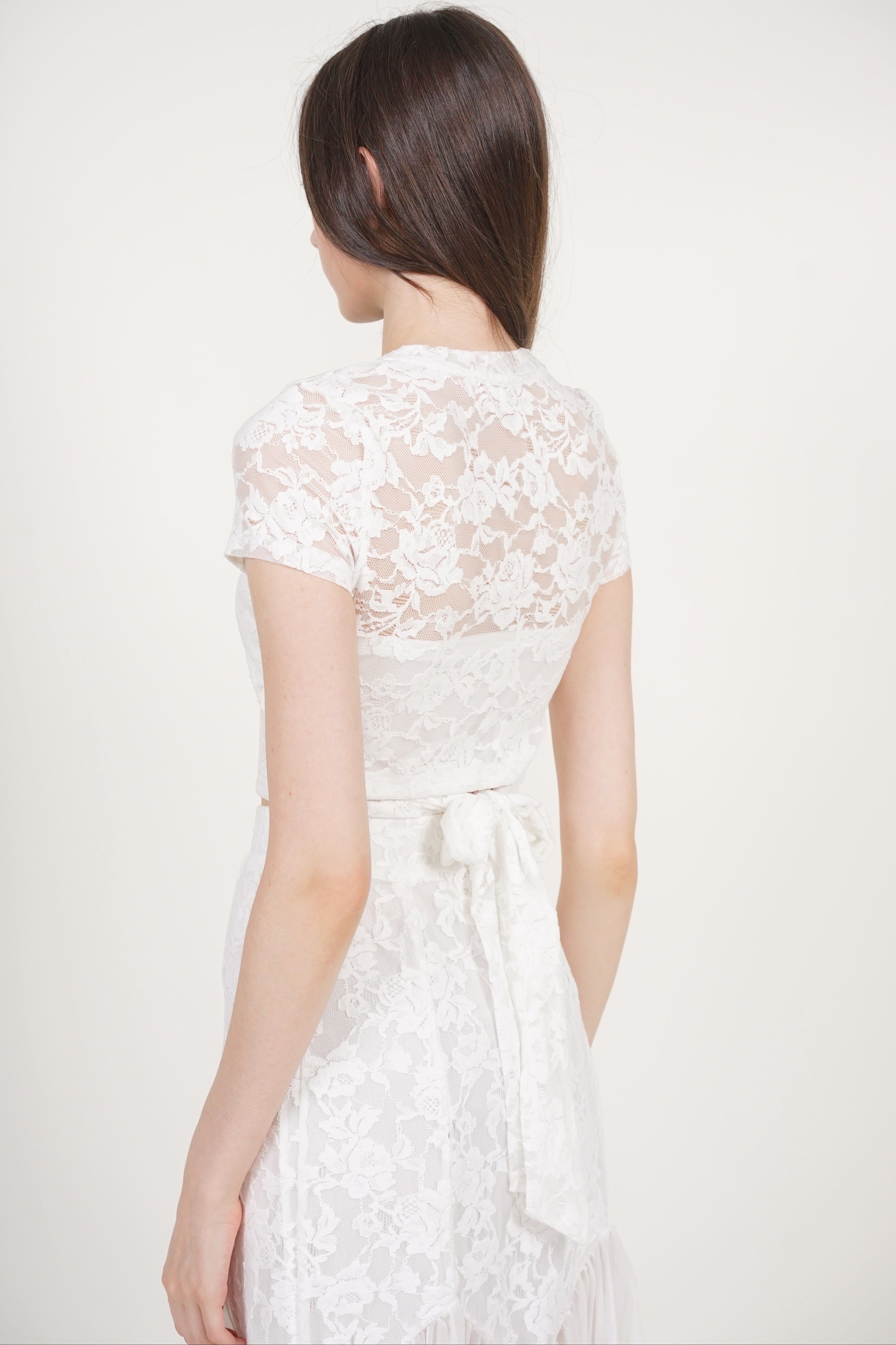 Crop Top Waist Tie in White Lace