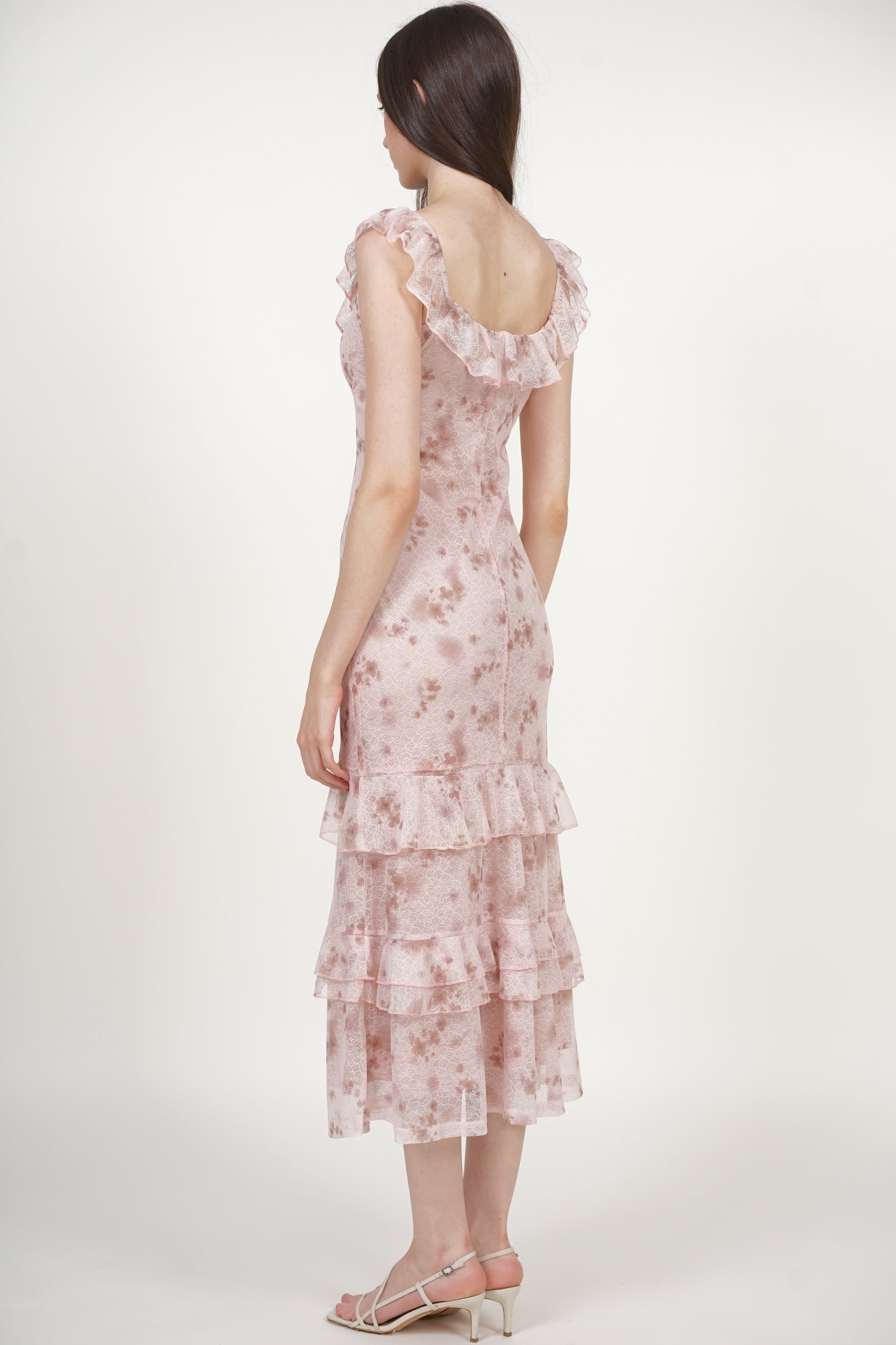 Ruffled Midi Dress in Nude Floral Lace