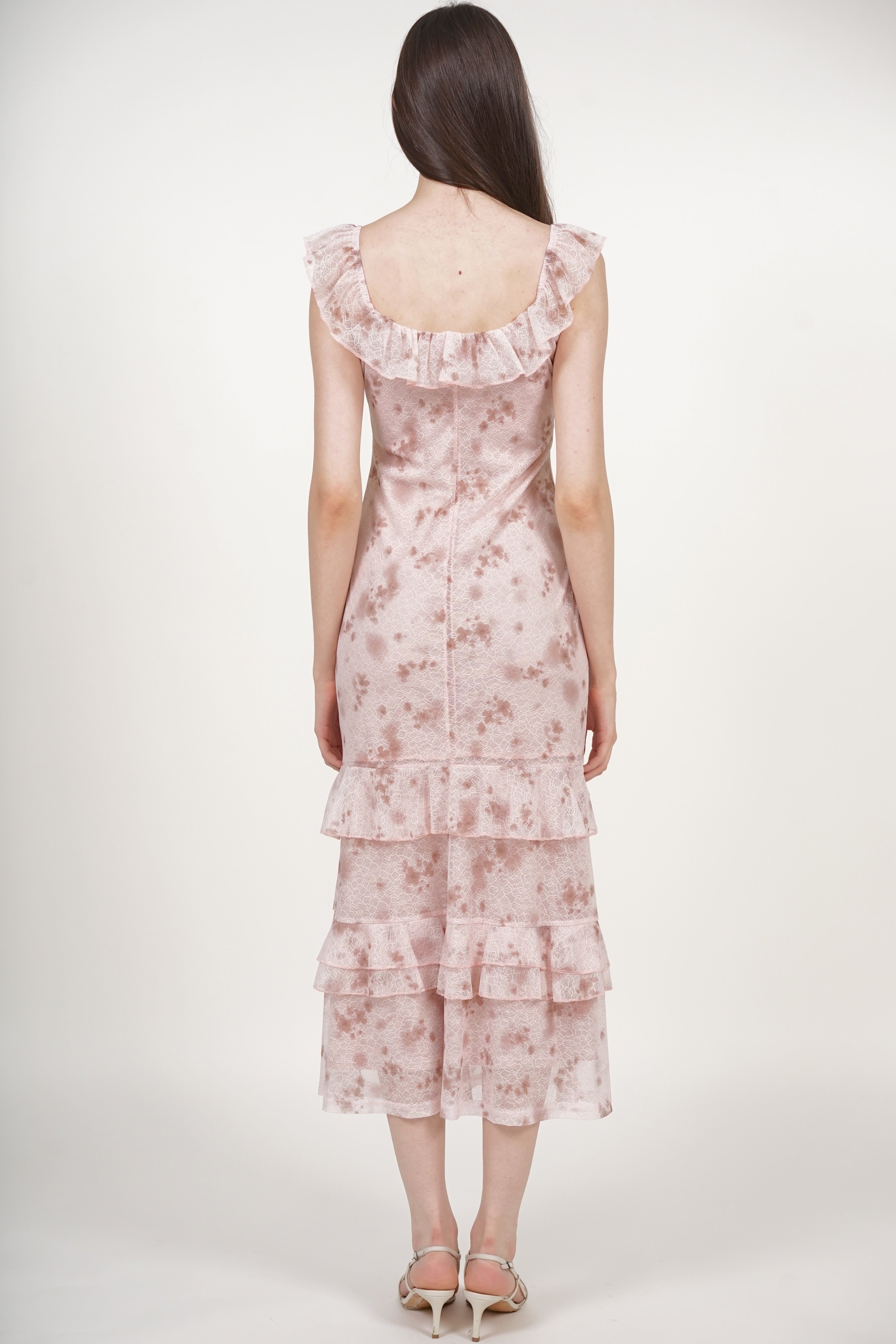 Ruffled Midi Dress in Nude Floral Lace