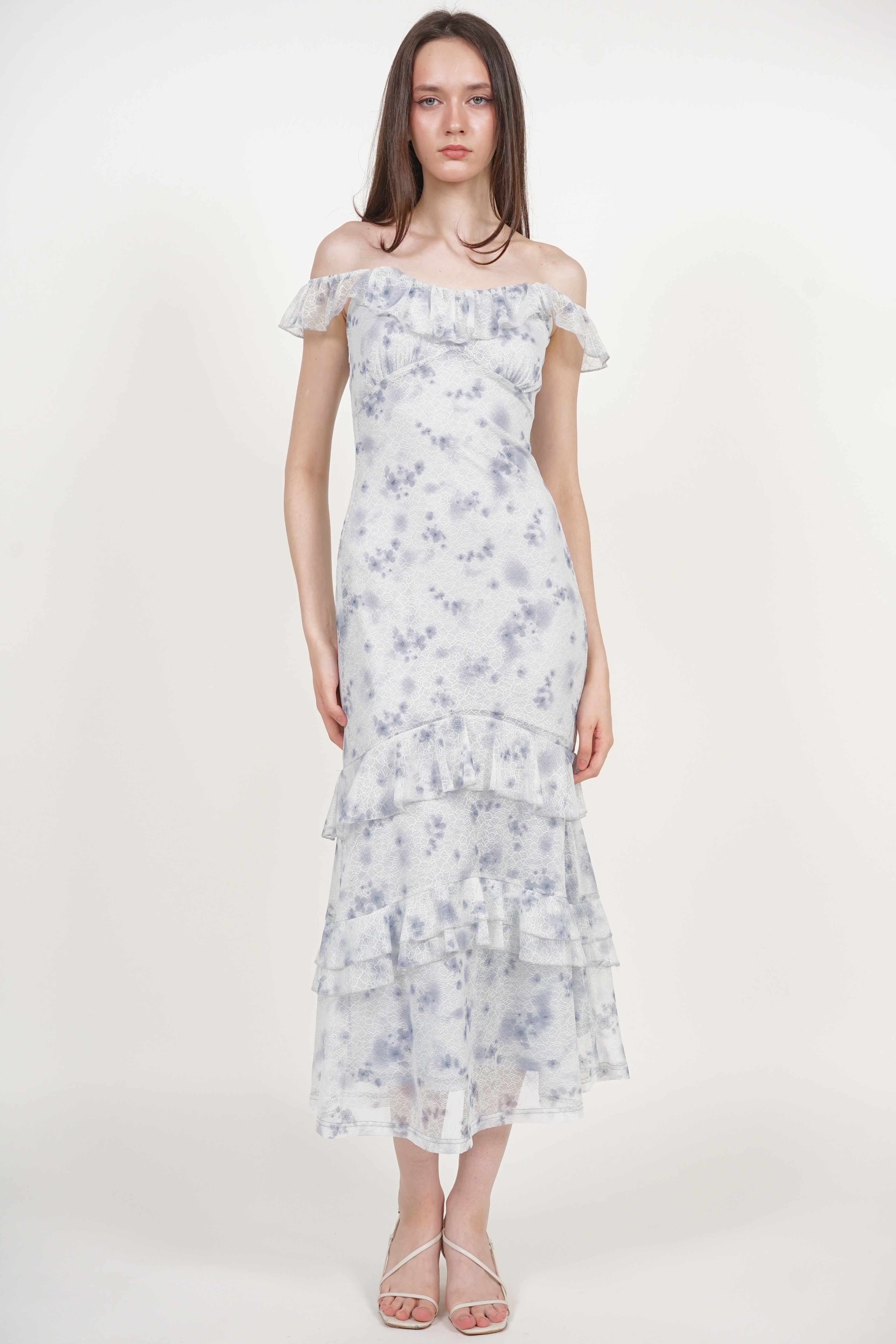 Ruffled Midi Dress in Blue Floral Lace