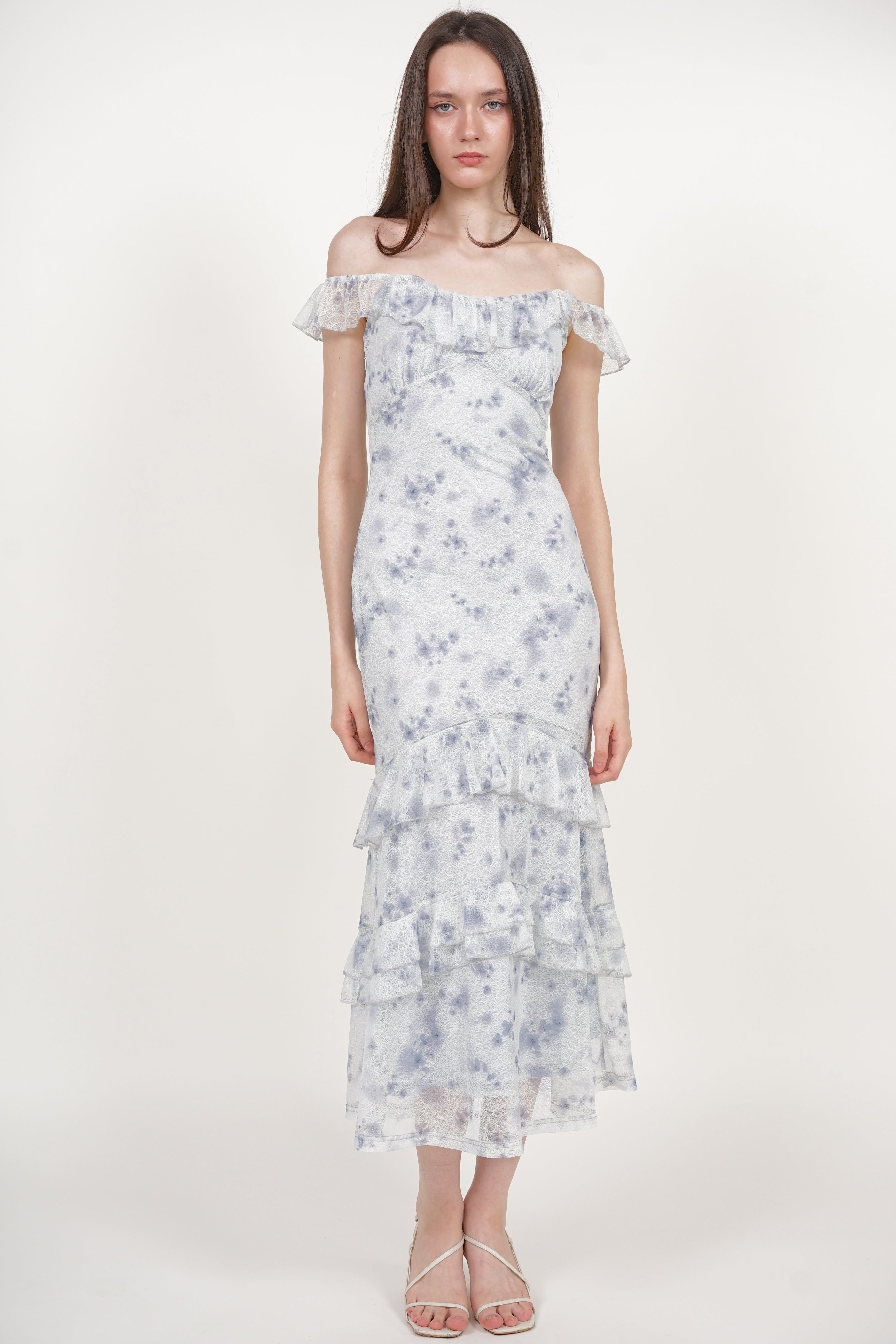 Ruffled Midi Dress in Blue Floral Lace
