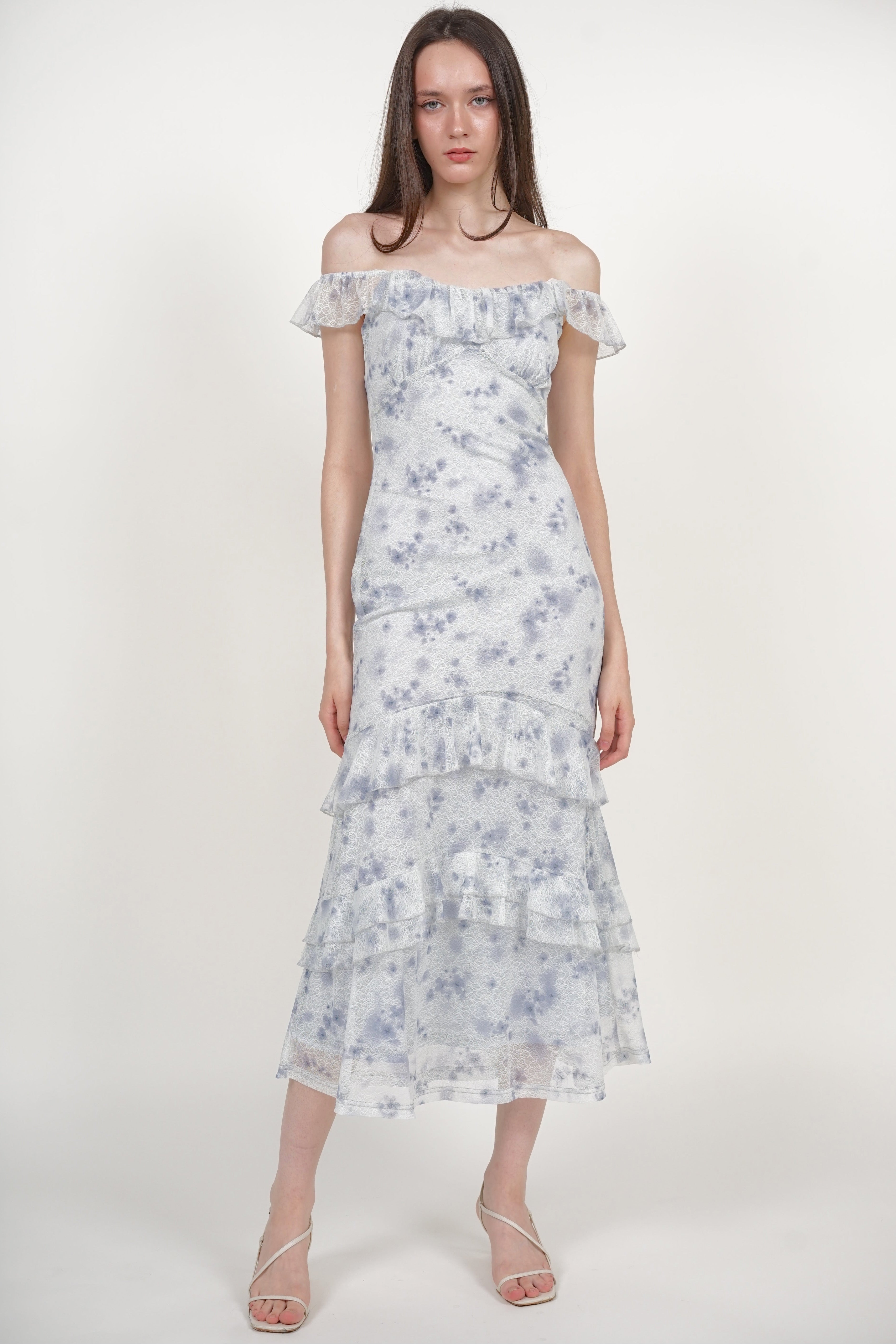 Ruffled Midi Dress in Blue Floral Lace