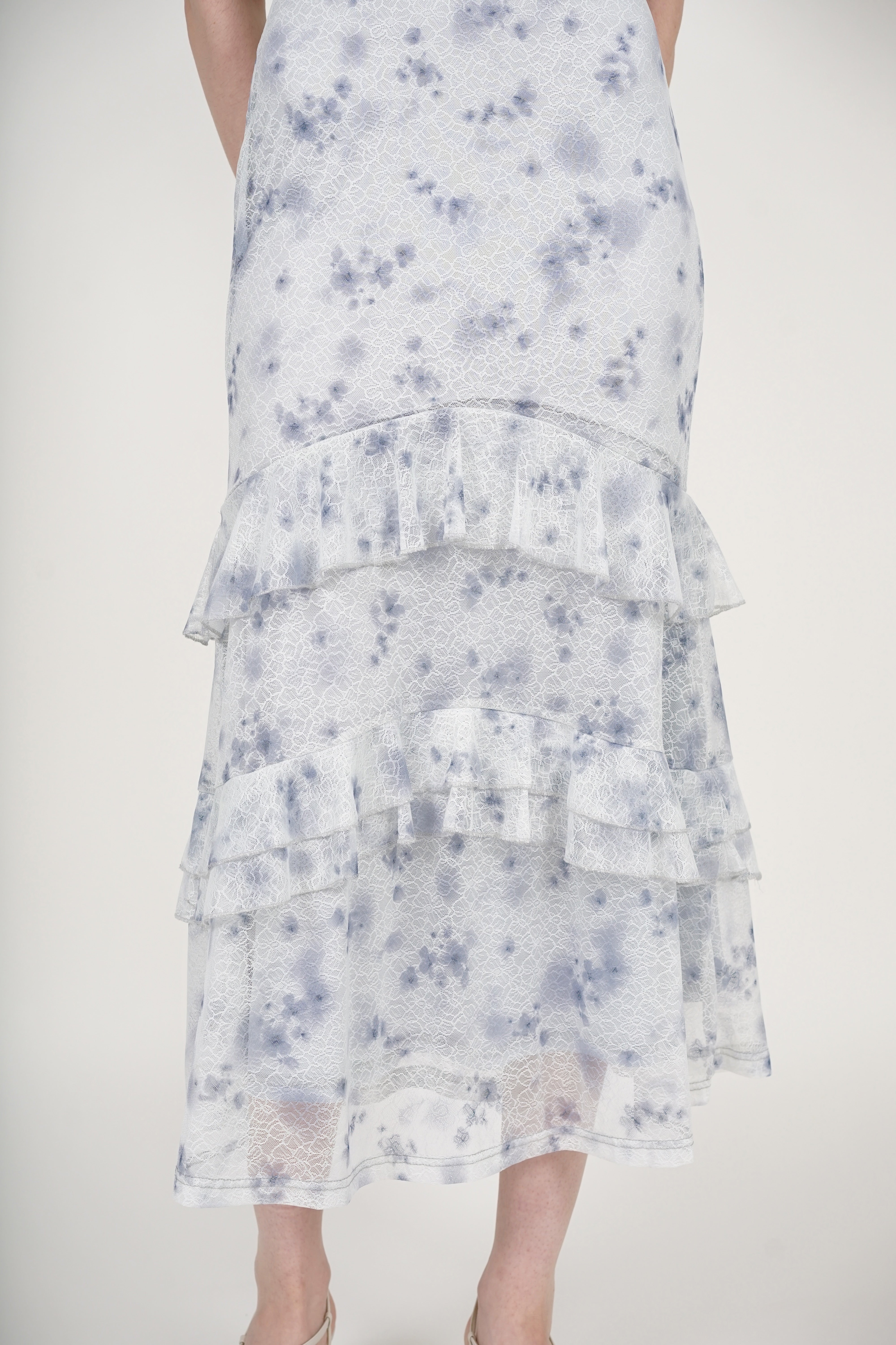 Ruffled Midi Dress in Blue Floral Lace
