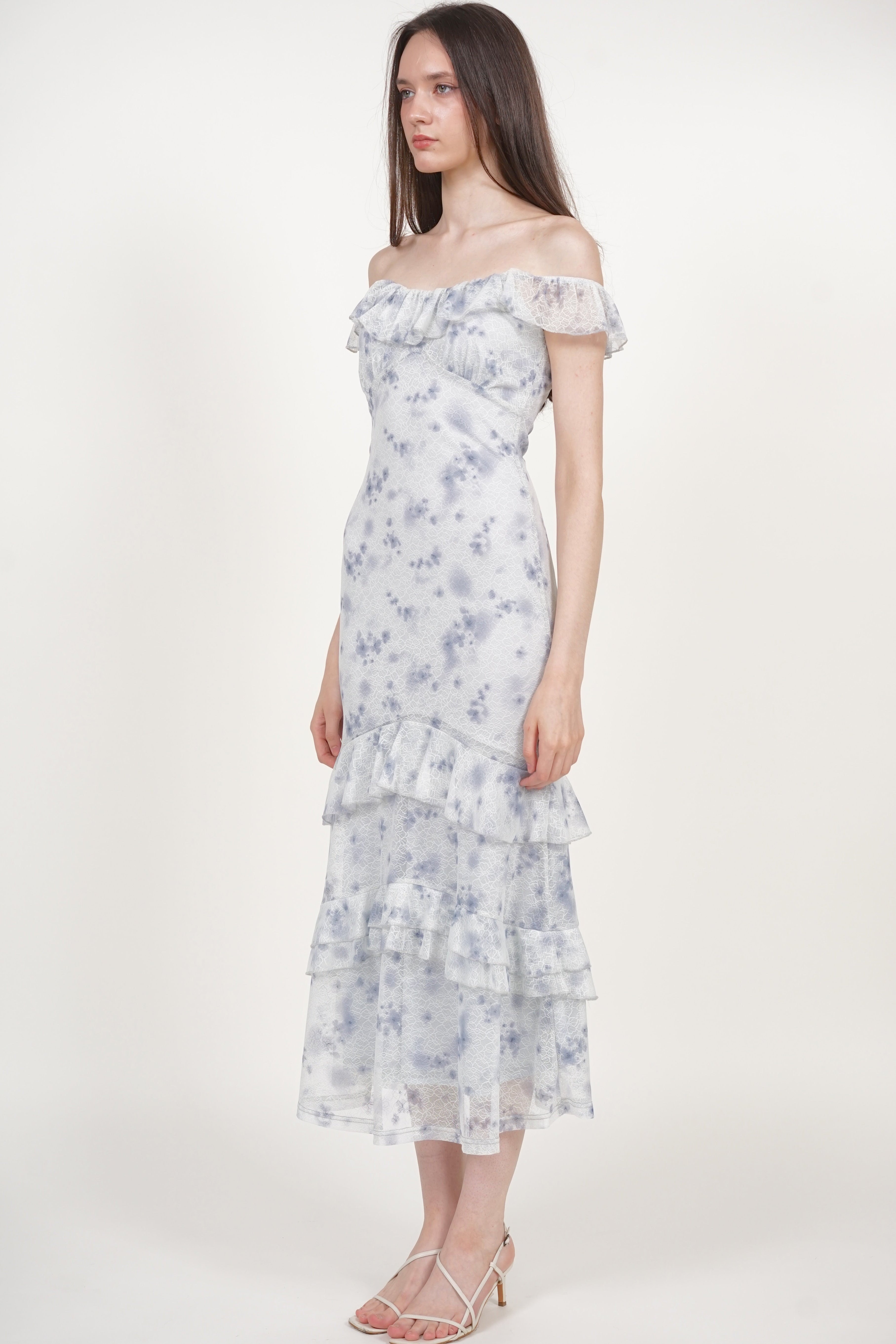 Ruffled Midi Dress in Blue Floral Lace