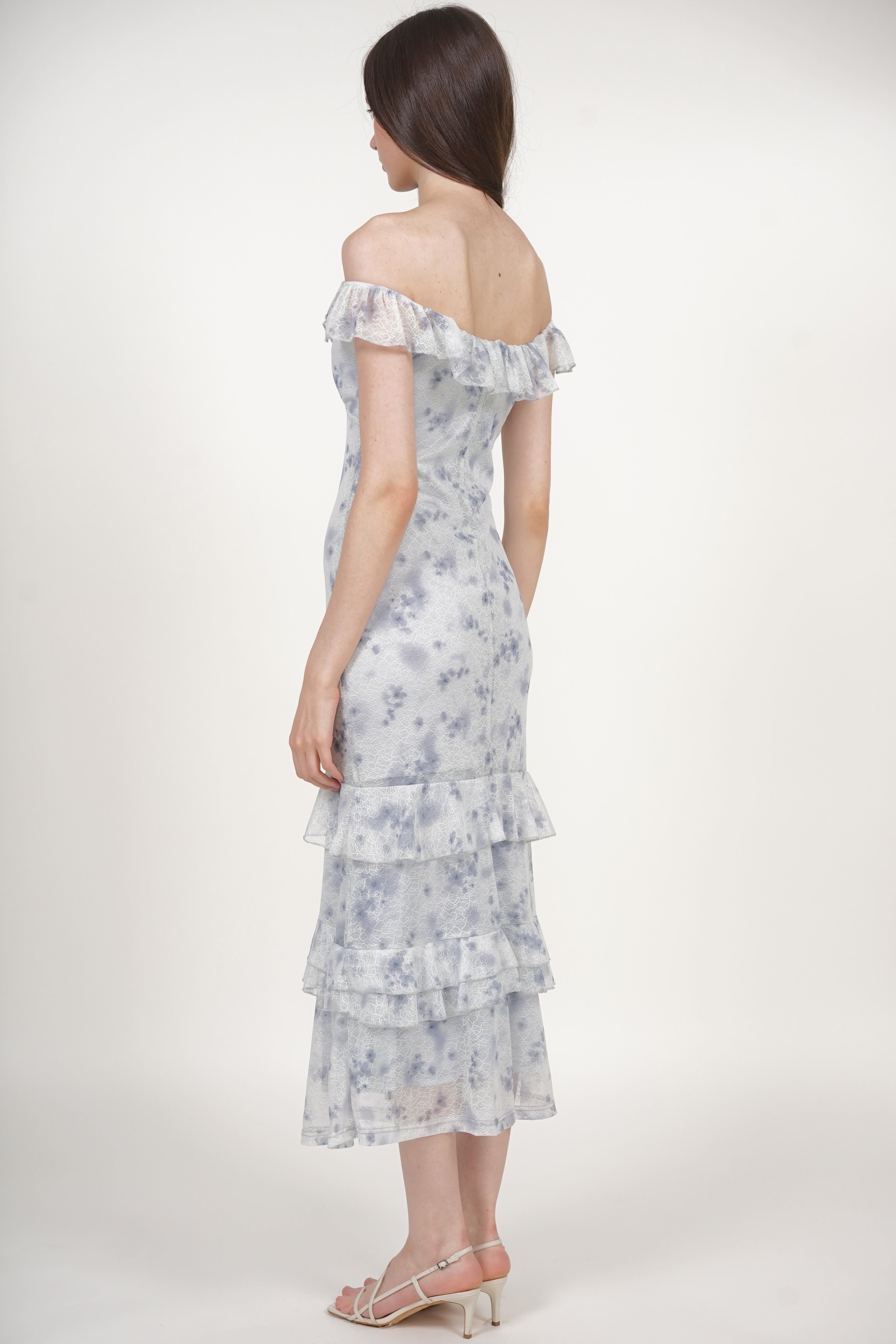 Ruffled Midi Dress in Blue Floral Lace