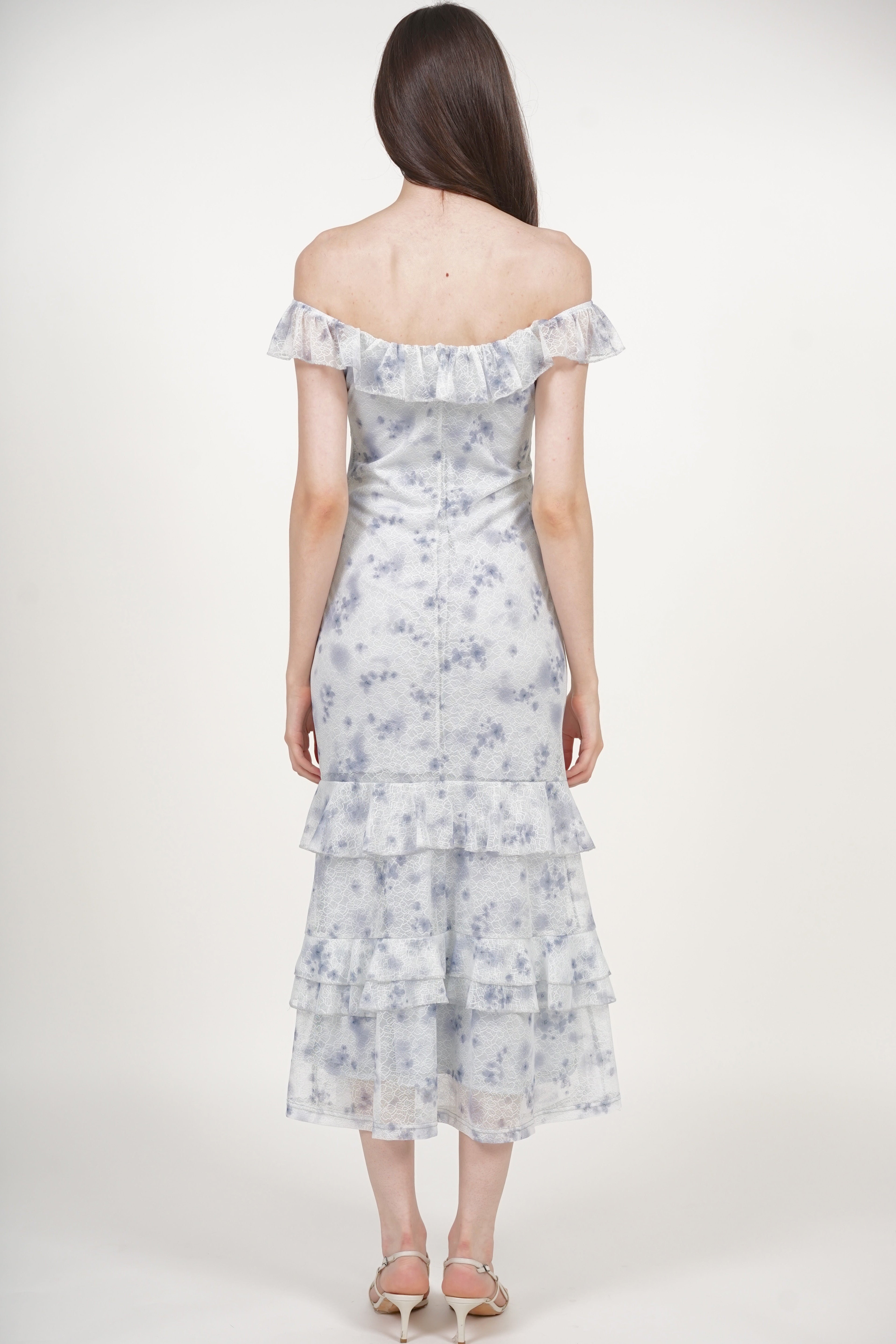Ruffled Midi Dress in Blue Floral Lace