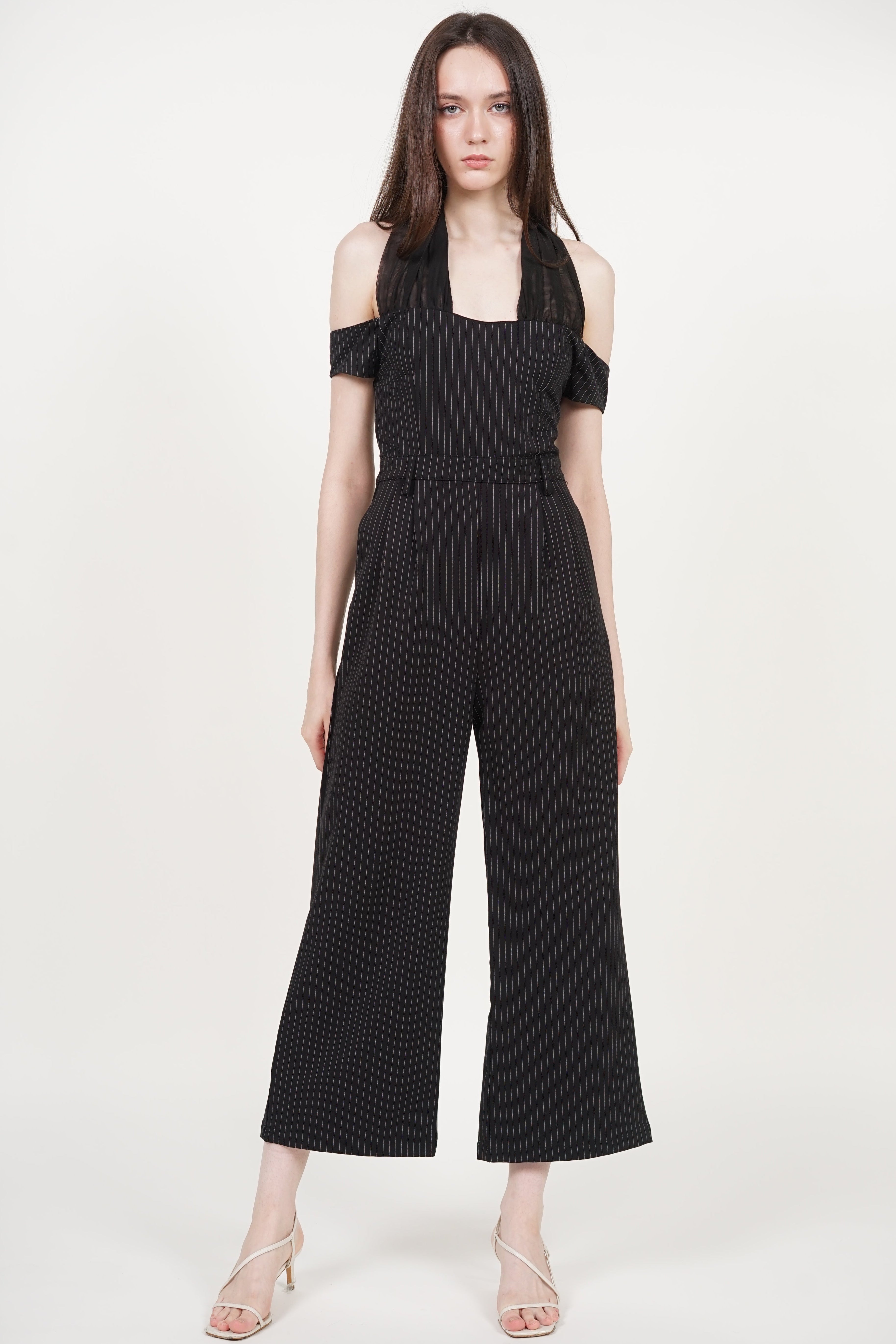 Halter Mesh Jumpsuit in Black Stripes