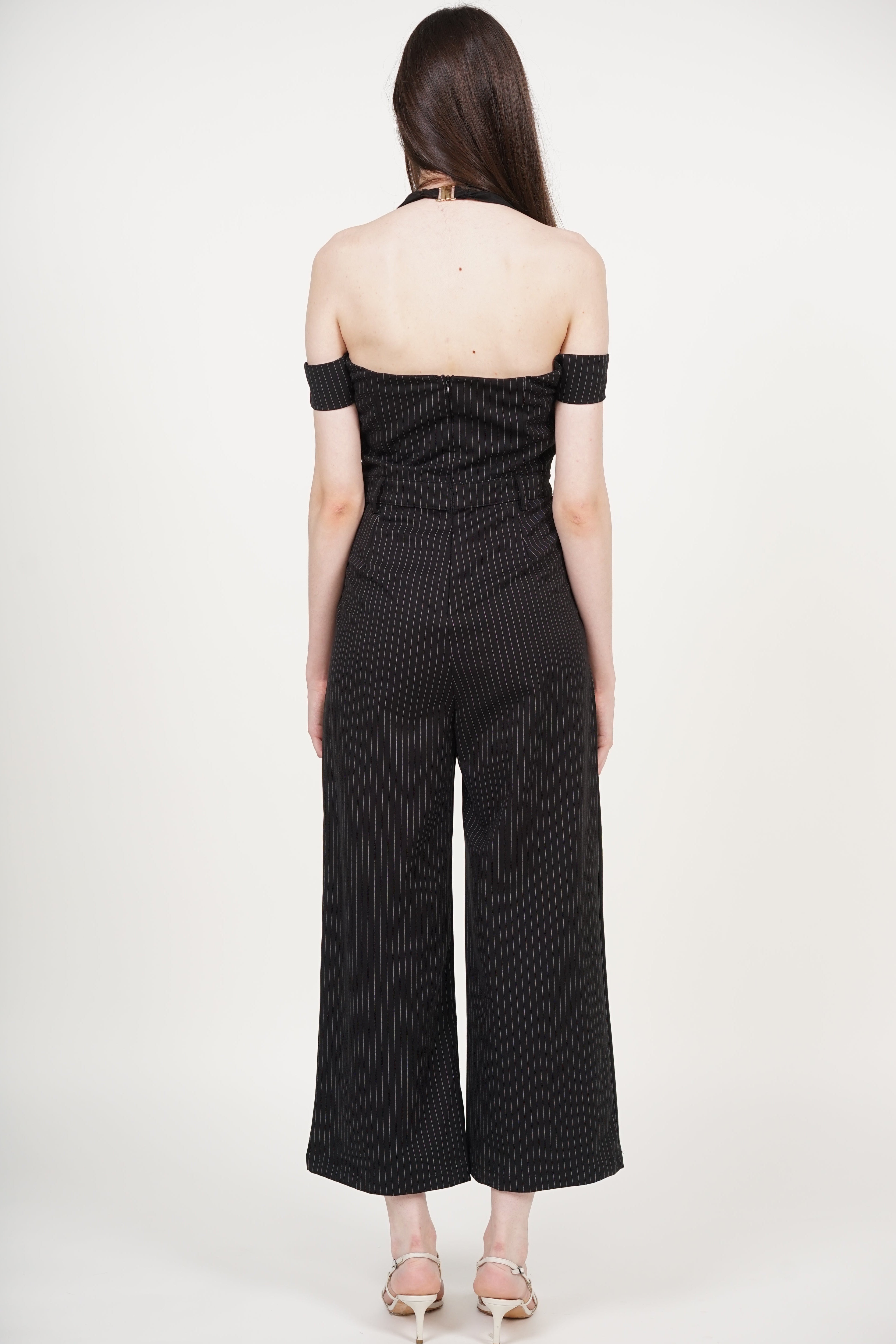 Halter Mesh Jumpsuit in Black Stripes