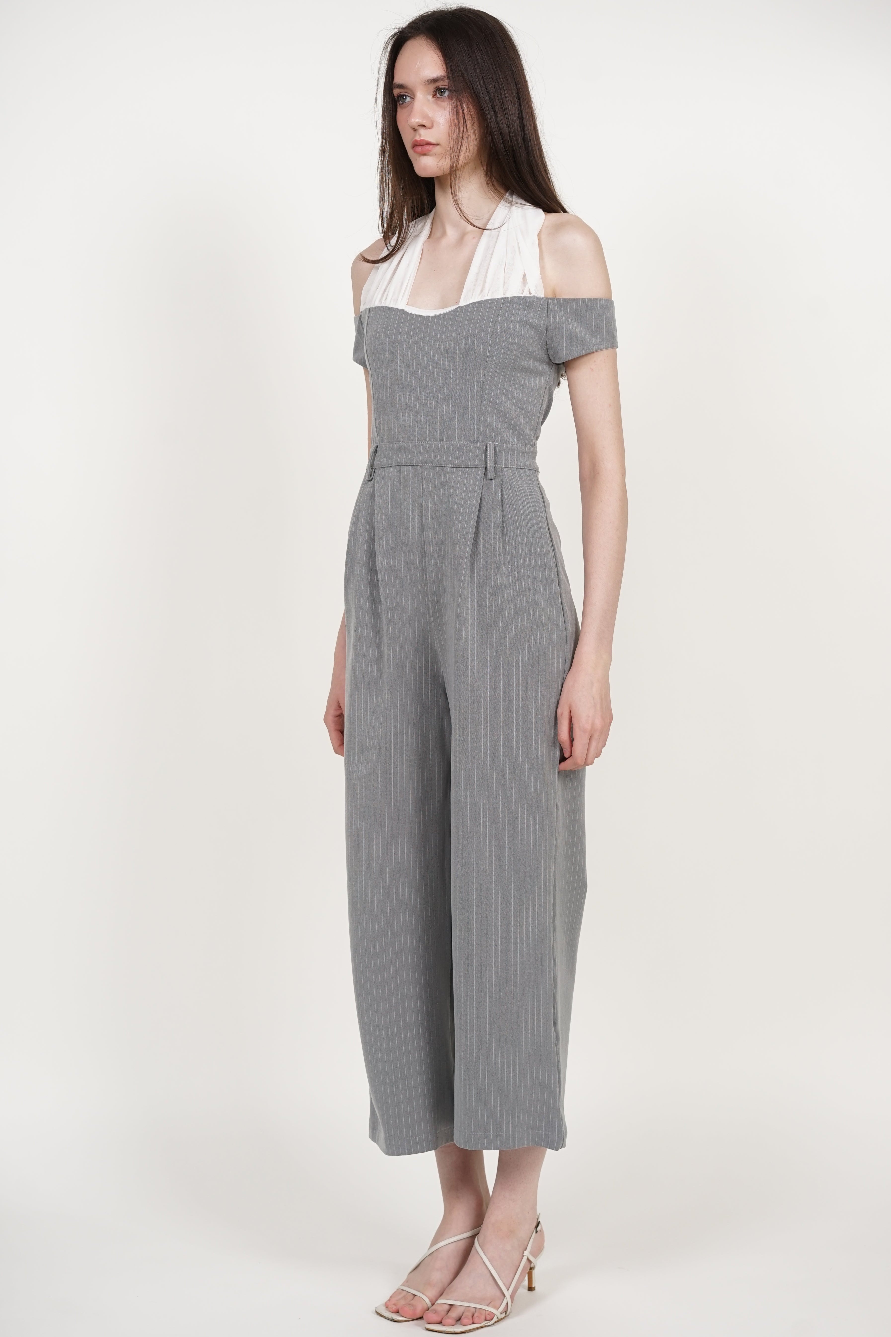 Halter Mesh Jumpsuit in Grey Stripes