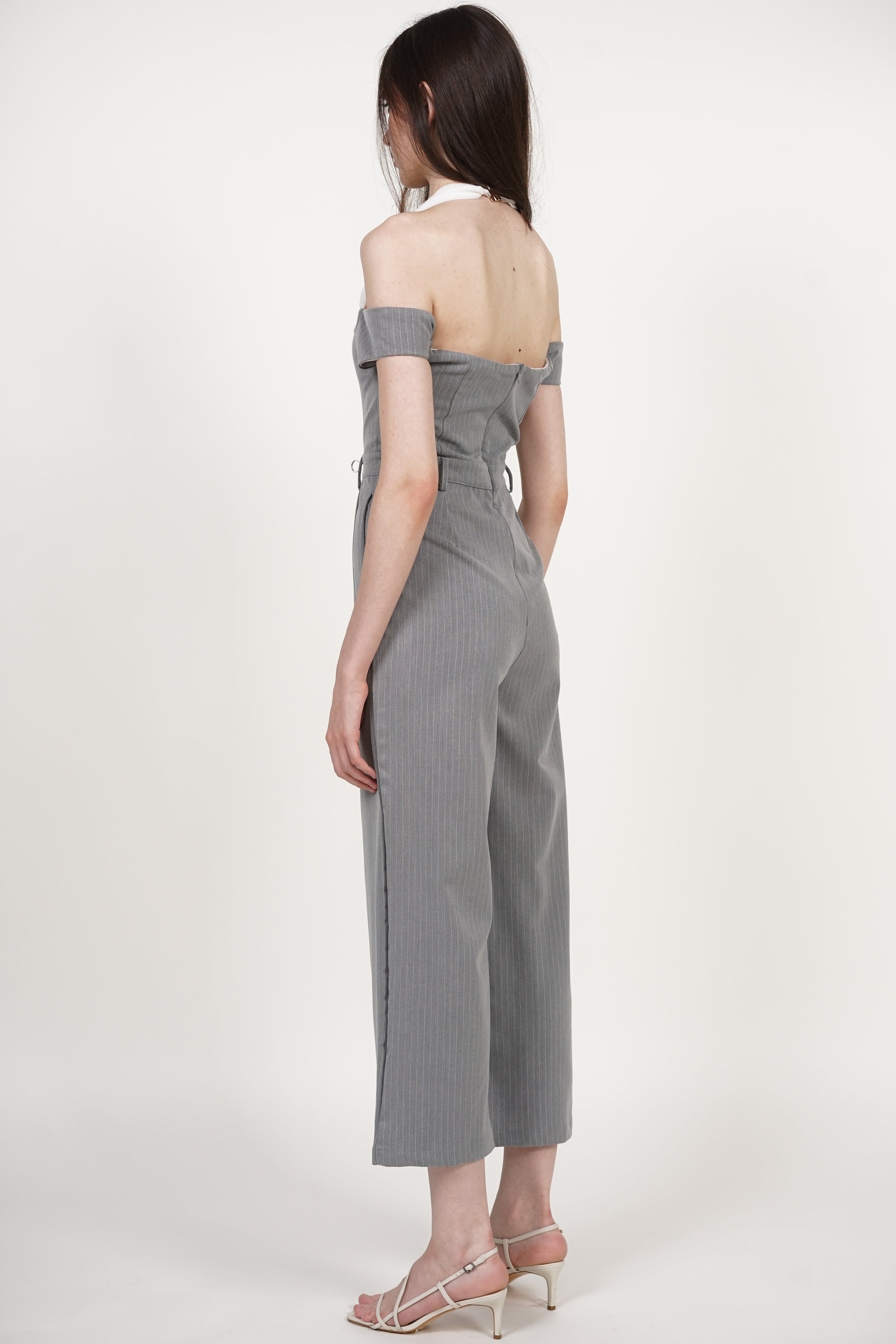 Halter Mesh Jumpsuit in Grey Stripes