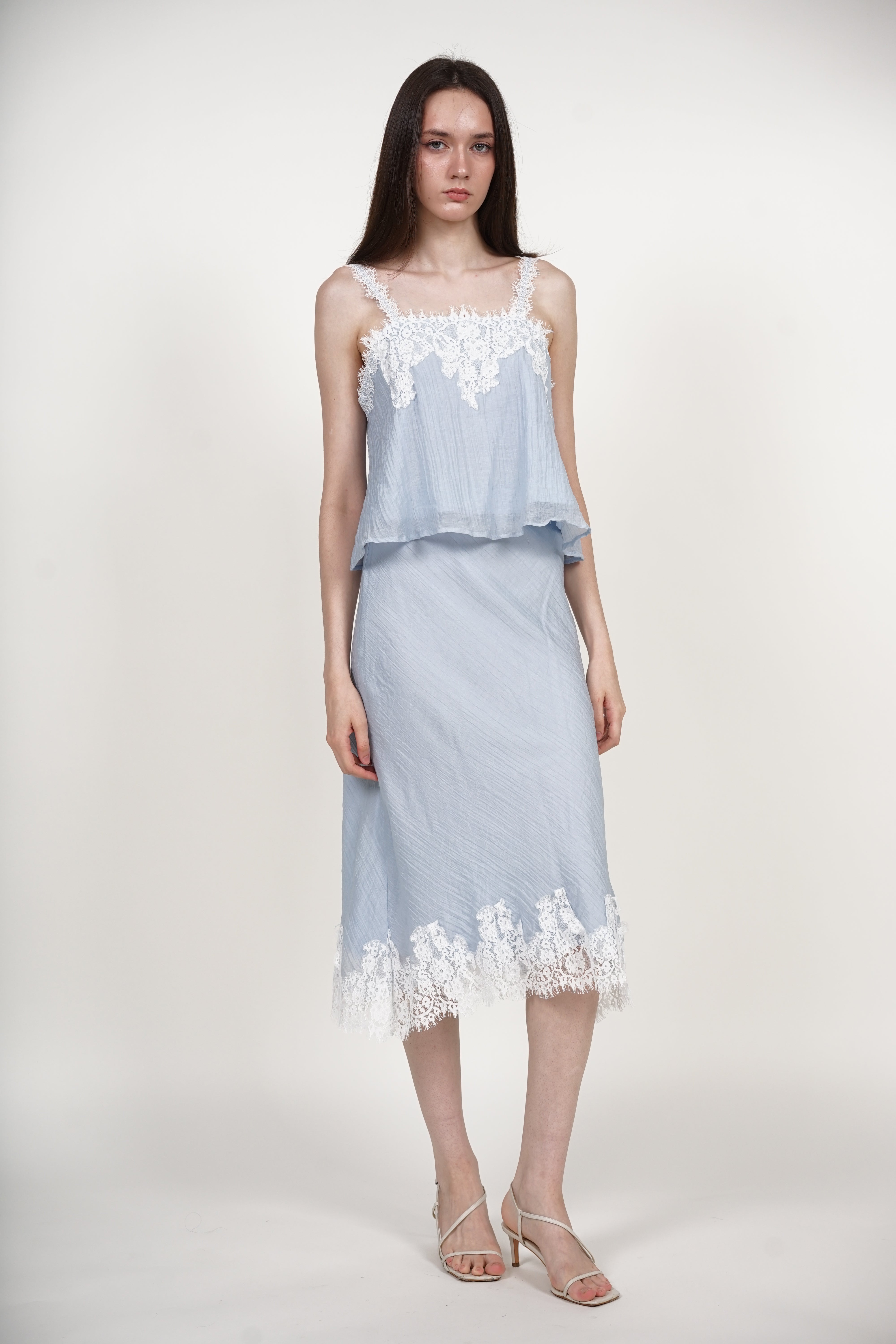 A-Line Lace Hem Skirt in Blue