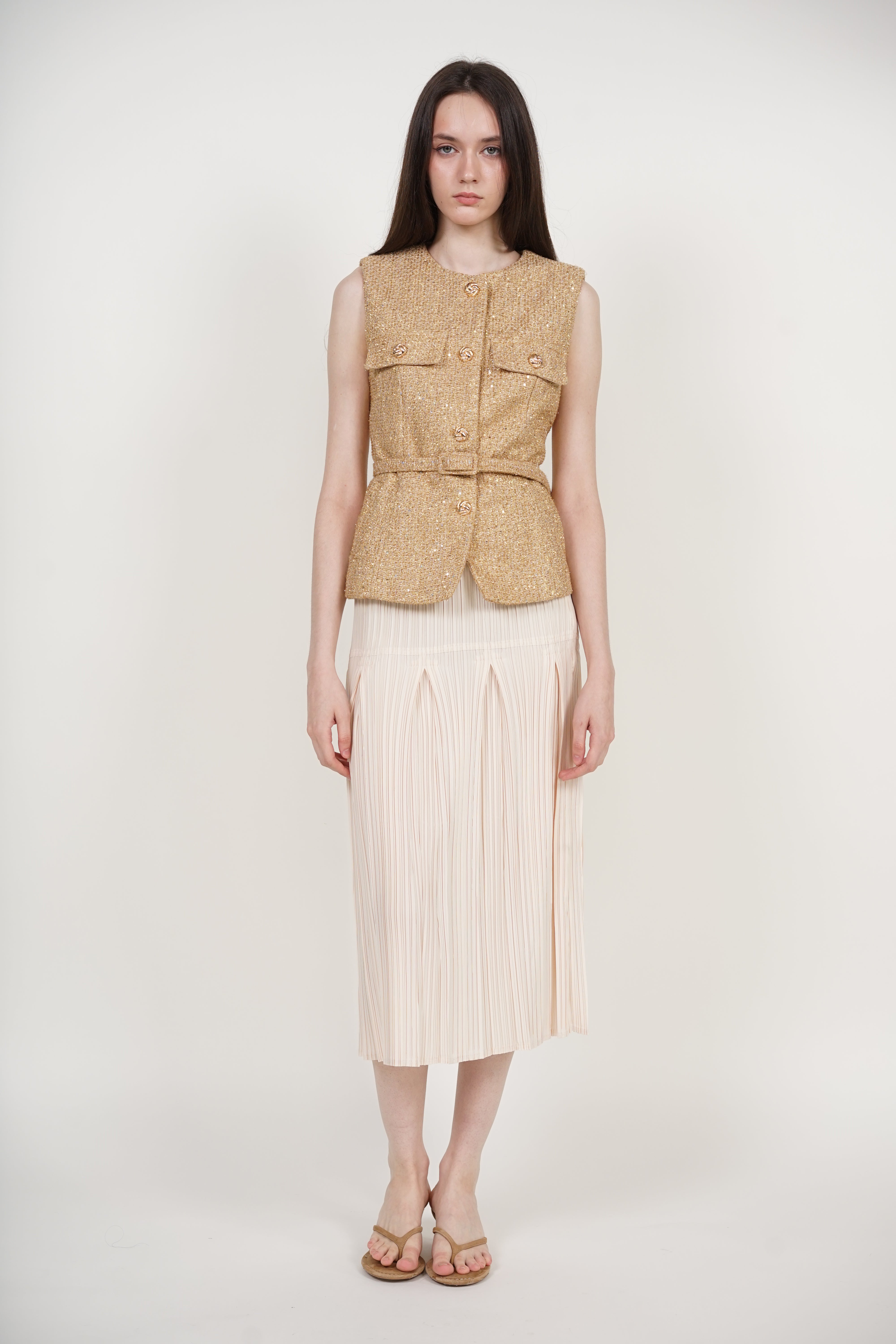 Godet Pleated Skirt in Ecru