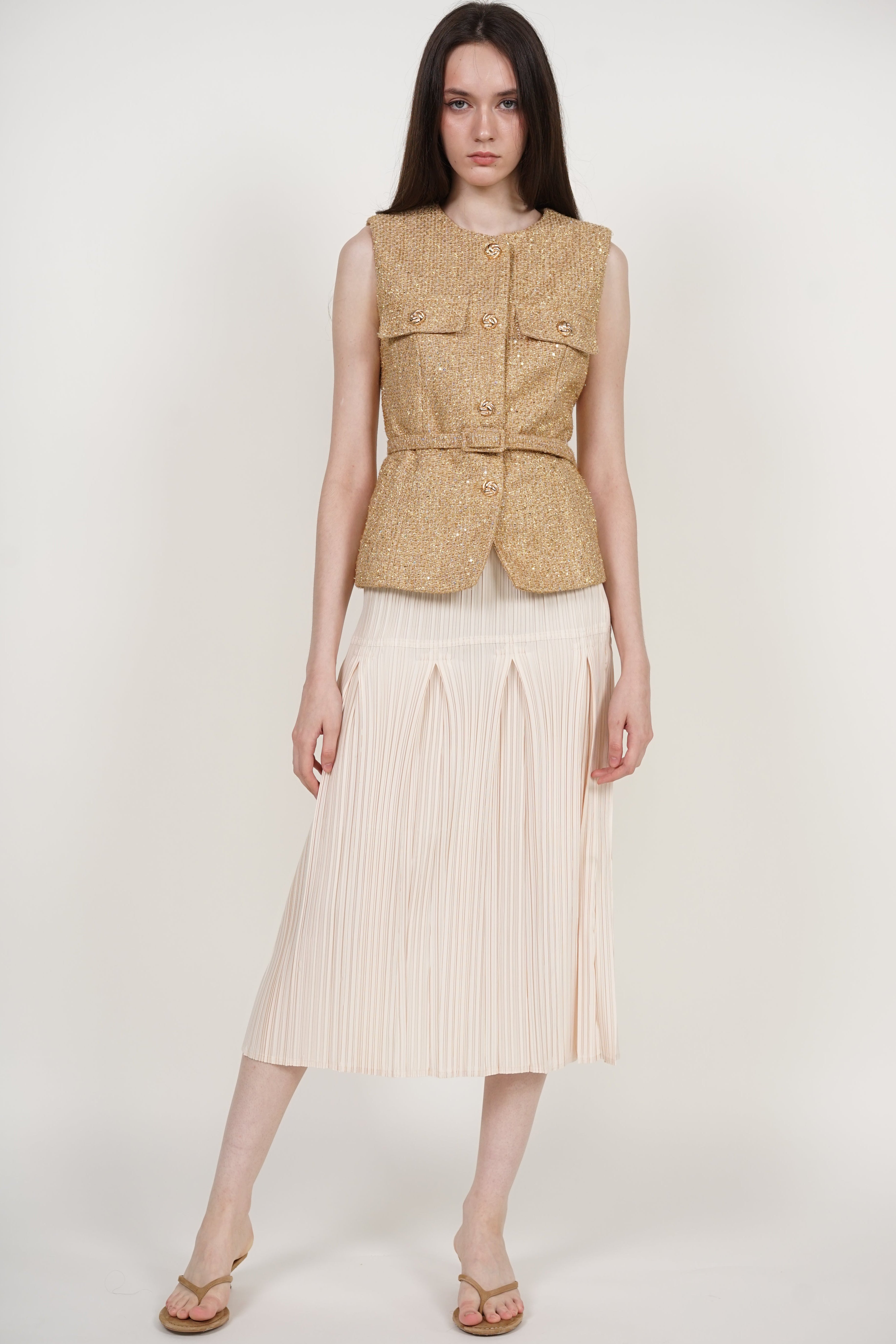 Godet Pleated Skirt in Ecru