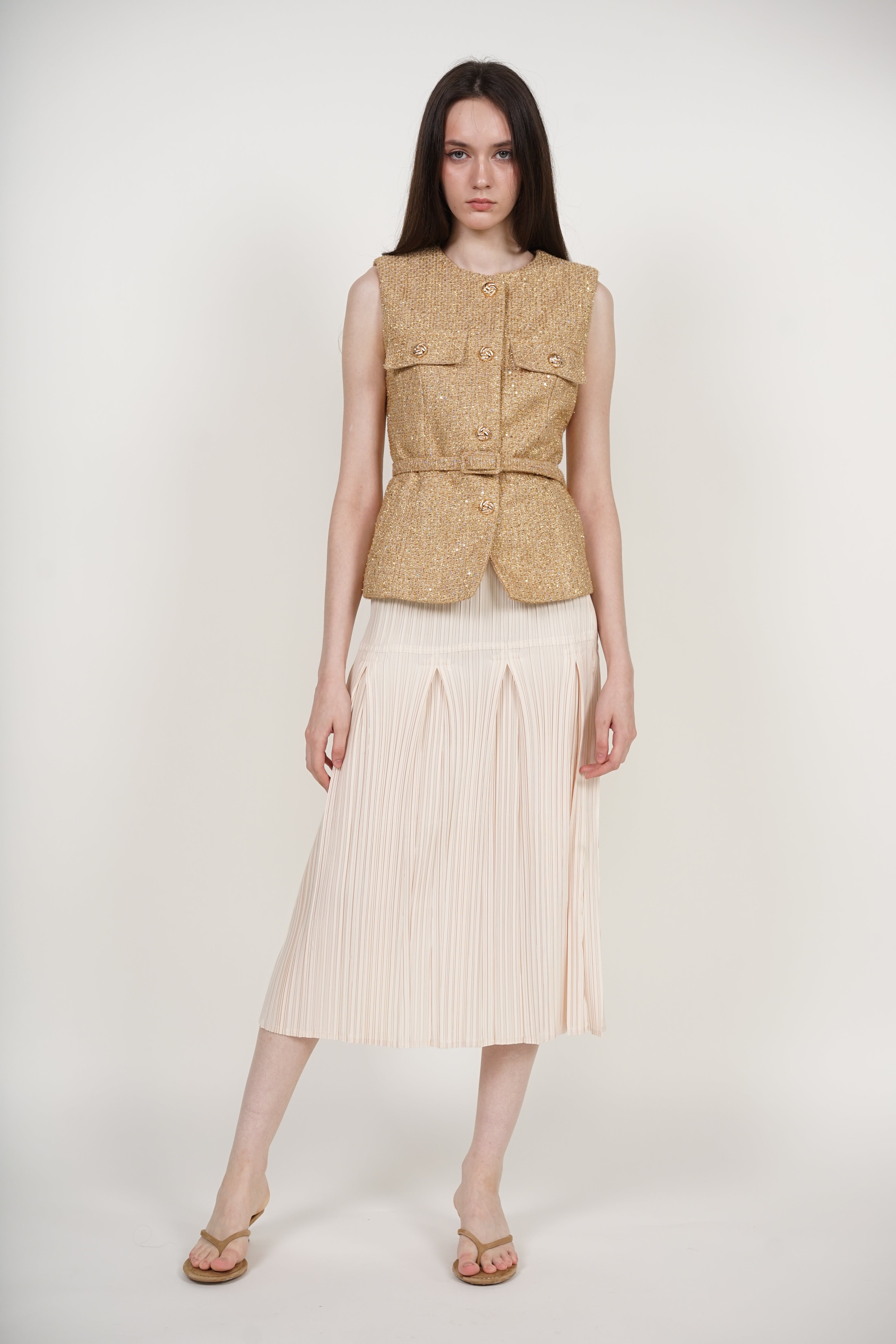 Godet Pleated Skirt in Ecru