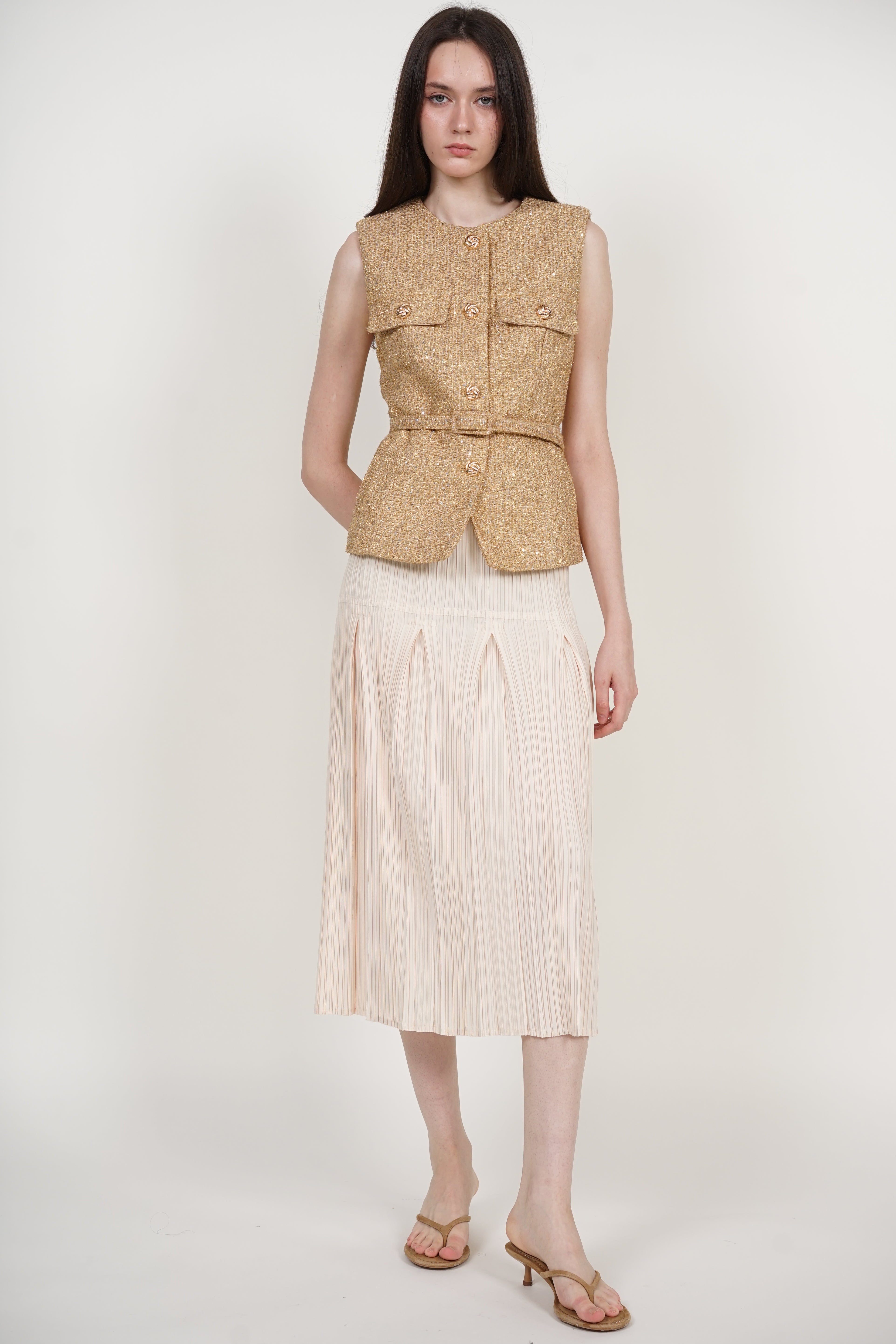Godet Pleated Skirt in Ecru