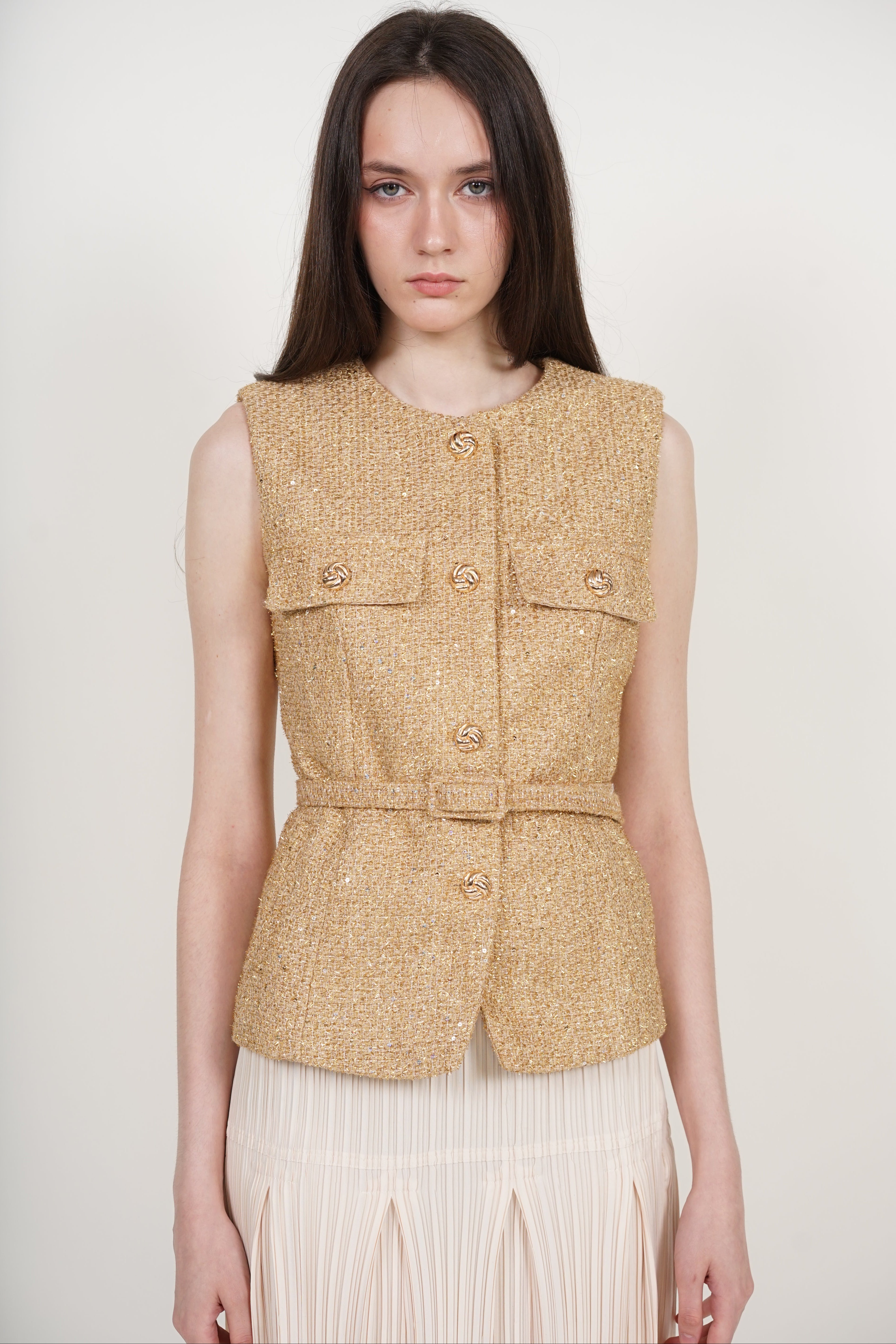 Tweed Belted Metallic Vest in Gold Yellow