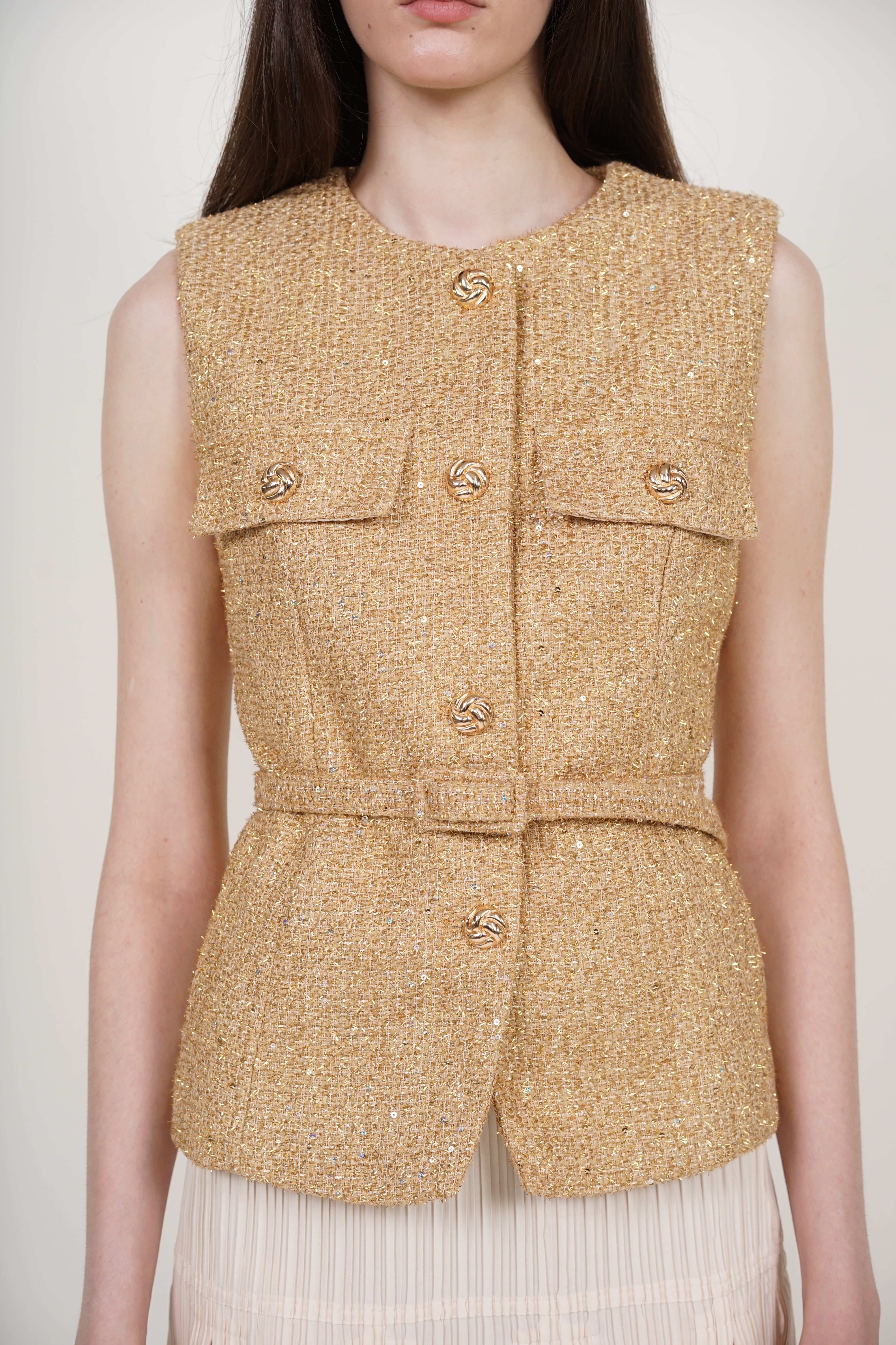 Tweed Belted Metallic Vest in Gold Yellow