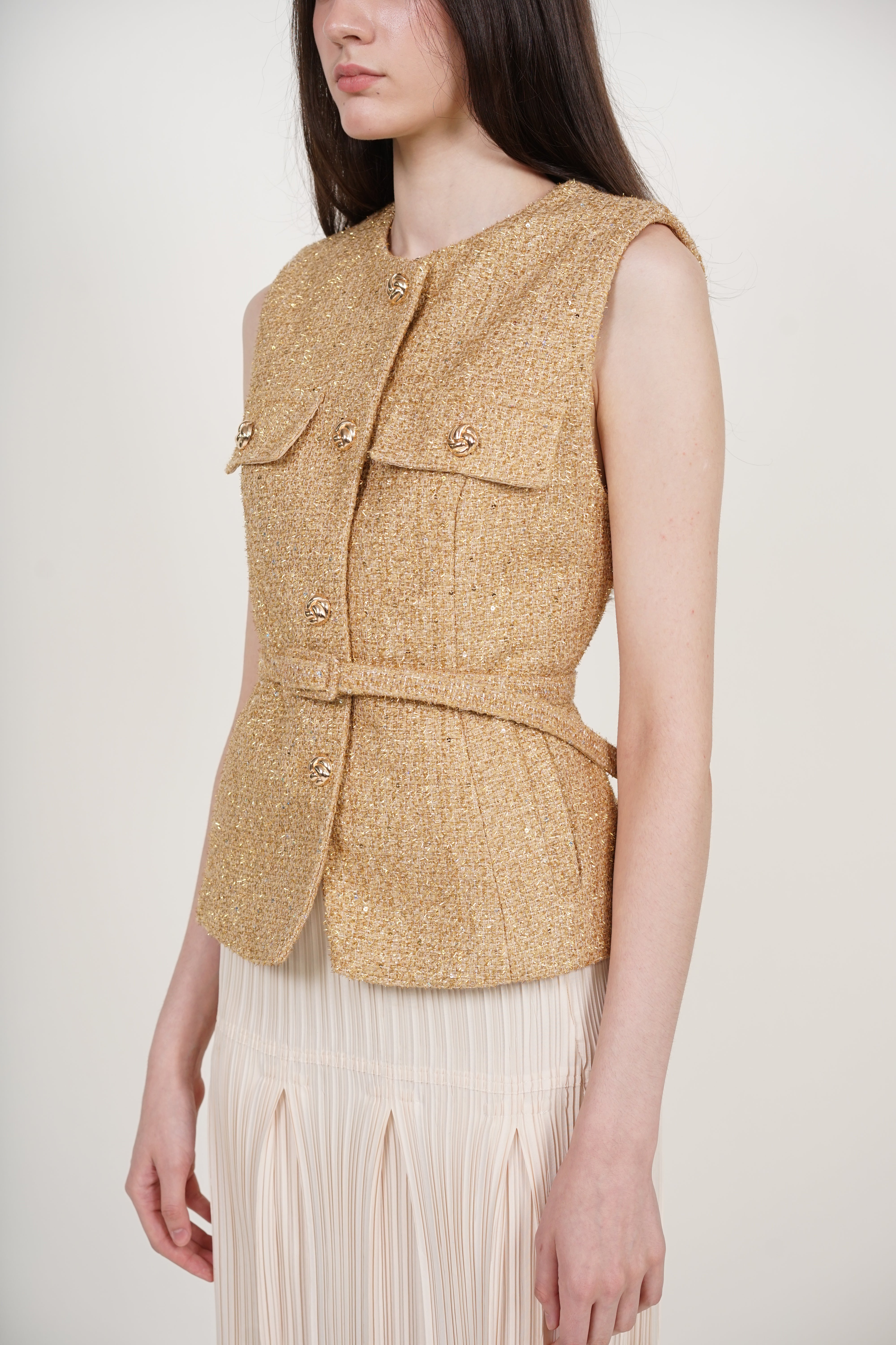 Tweed Belted Metallic Vest in Gold Yellow