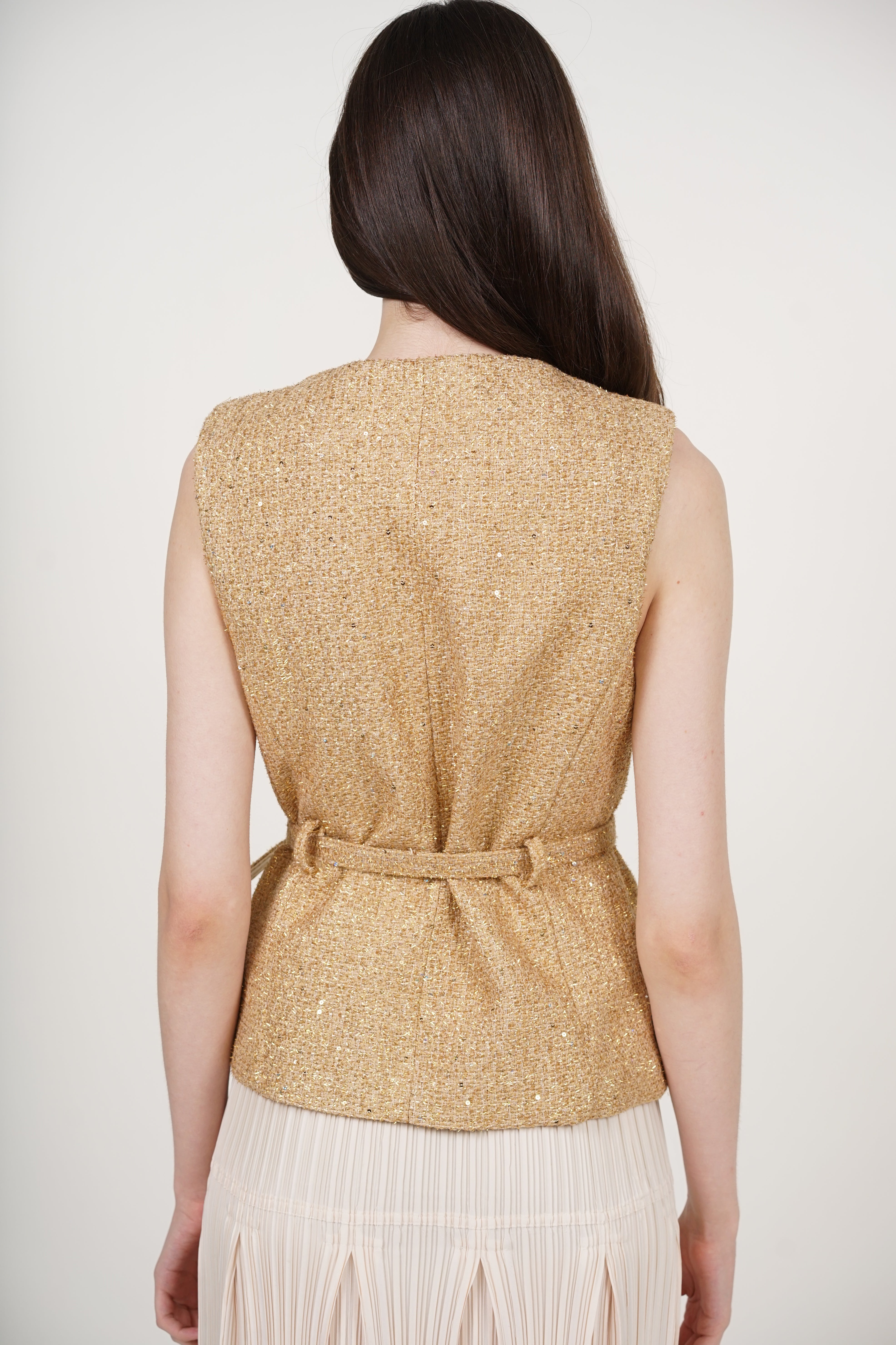 Tweed Belted Metallic Vest in Gold Yellow