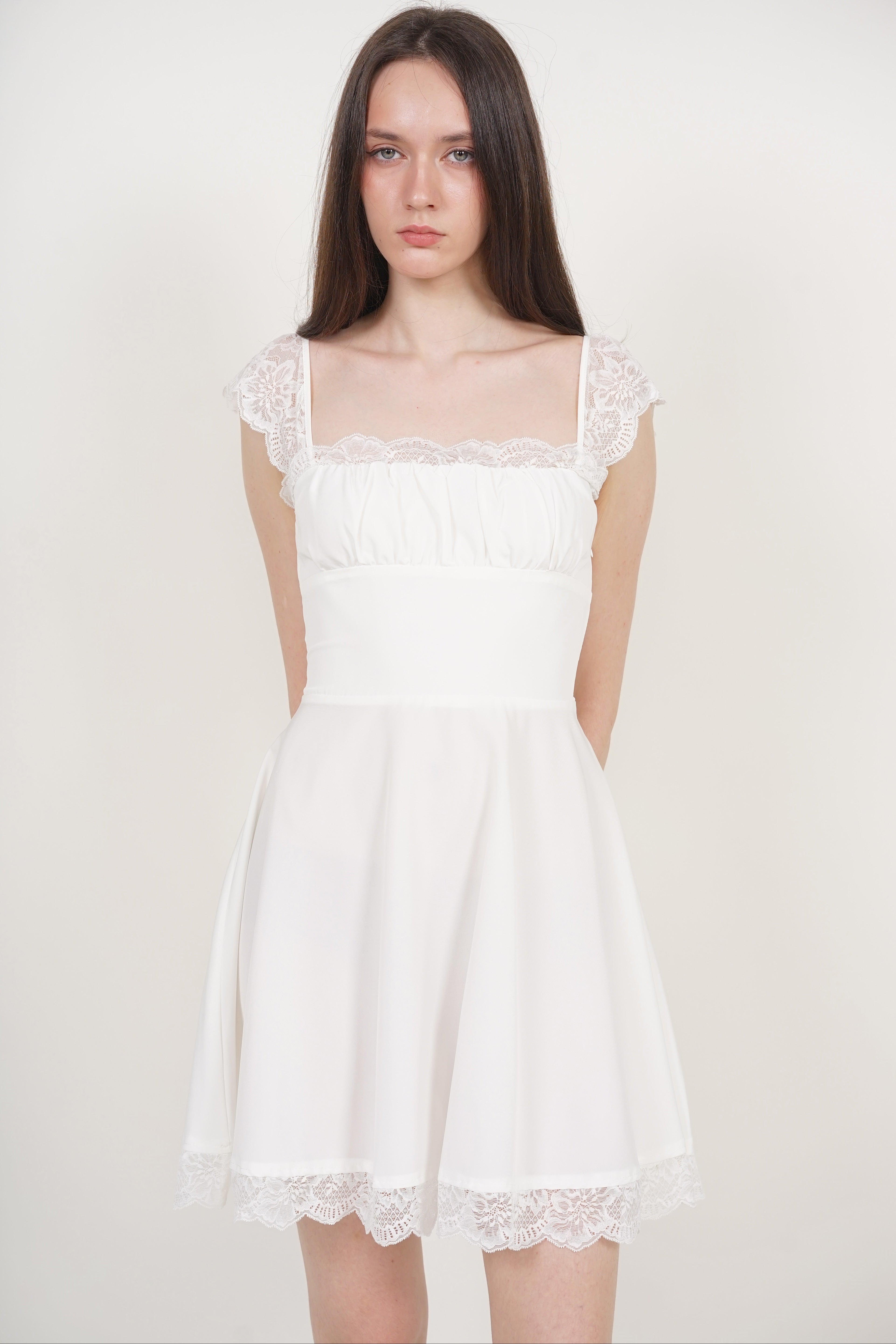 Ruched Flare Lace Mini Dress in White