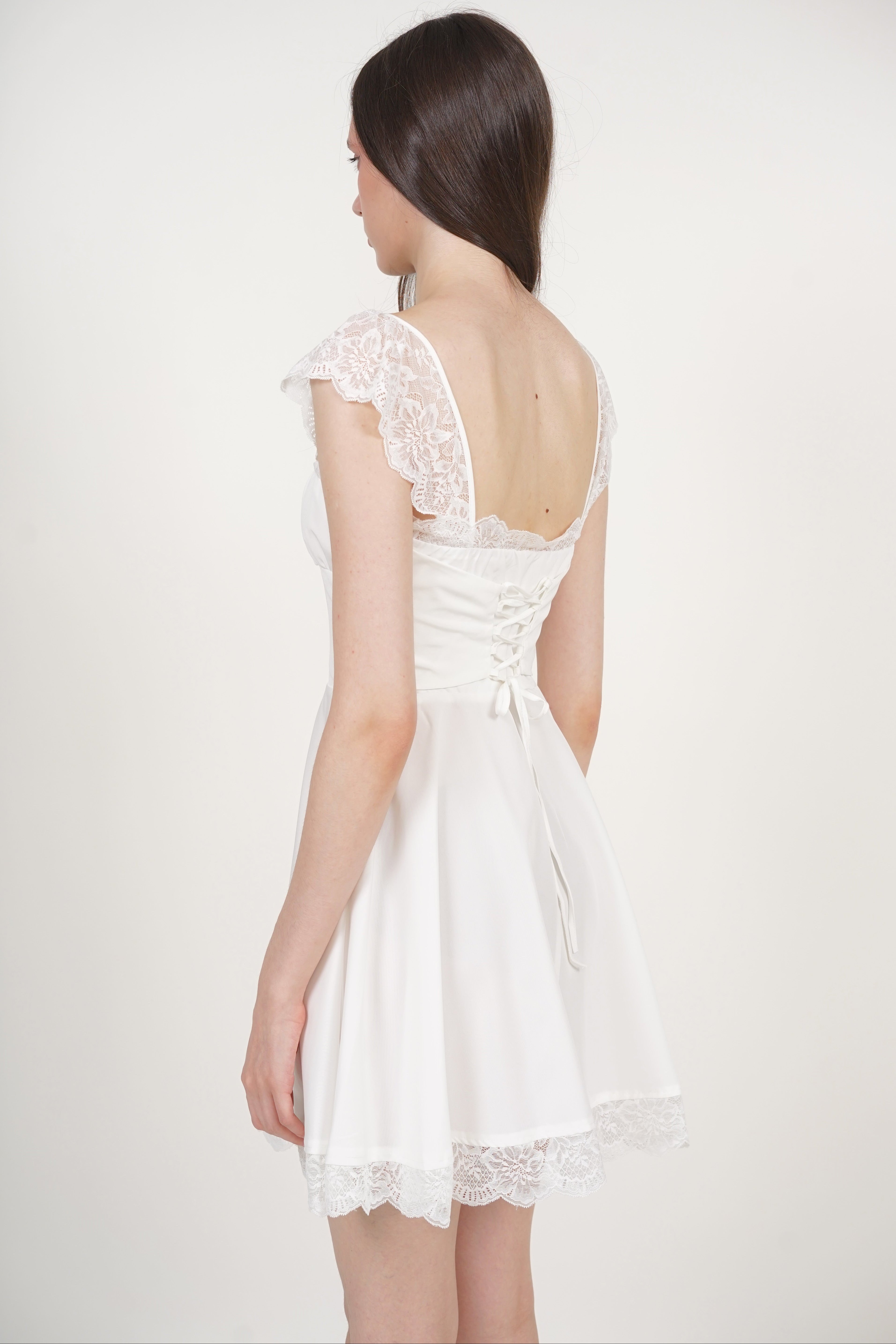 Ruched Flare Lace Mini Dress in White