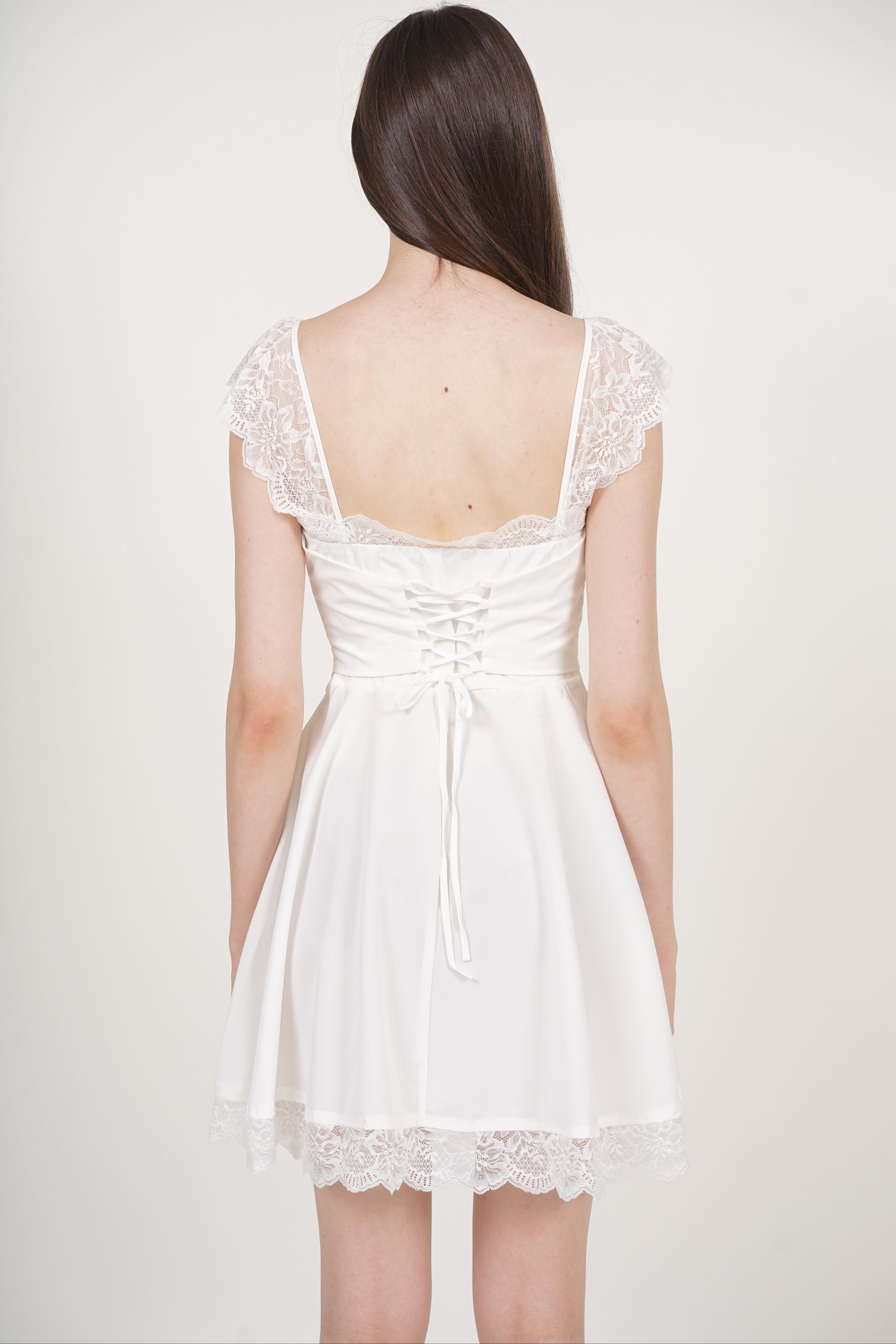 Ruched Flare Lace Mini Dress in White