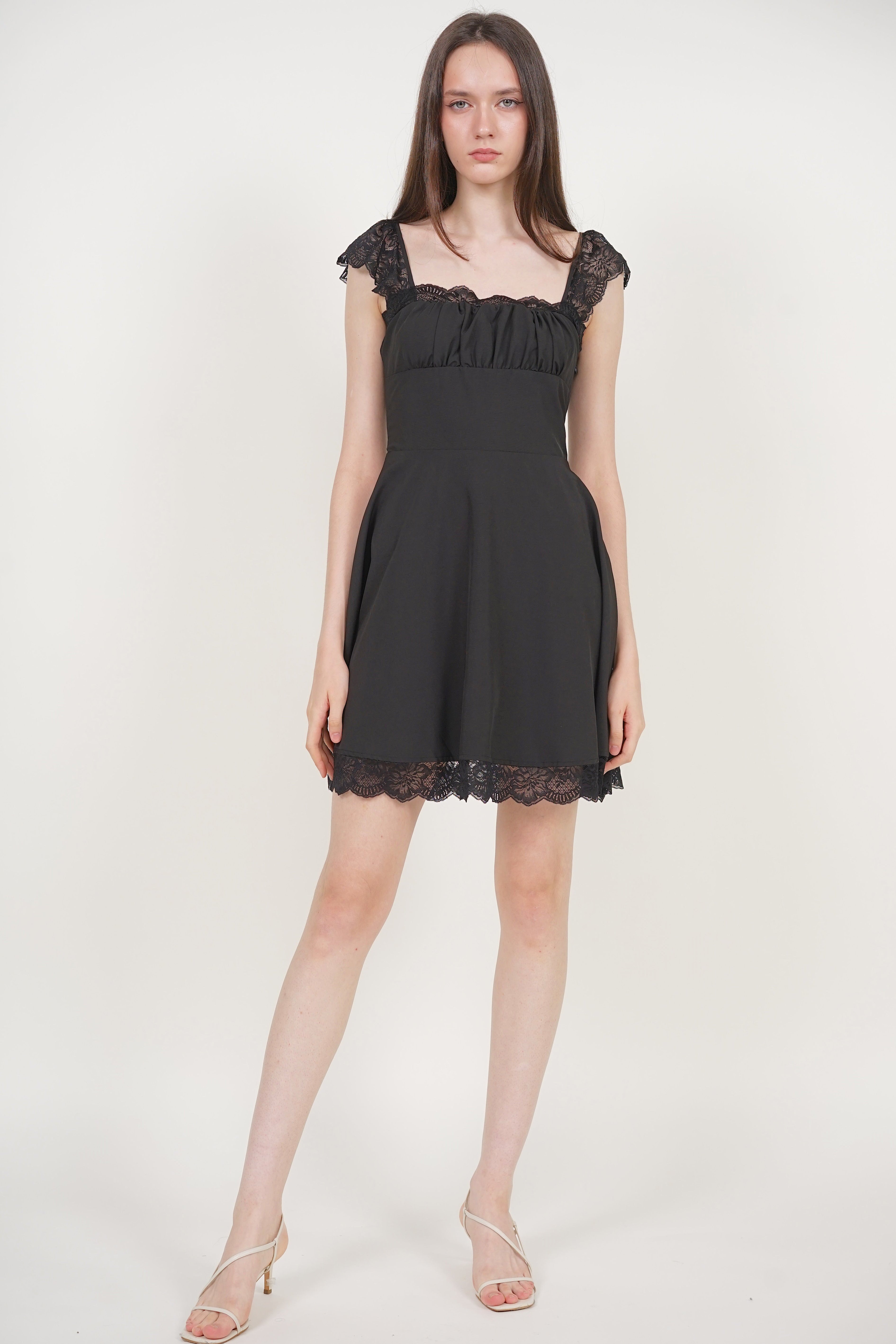 Ruched Flare Lace Mini Dress in Black